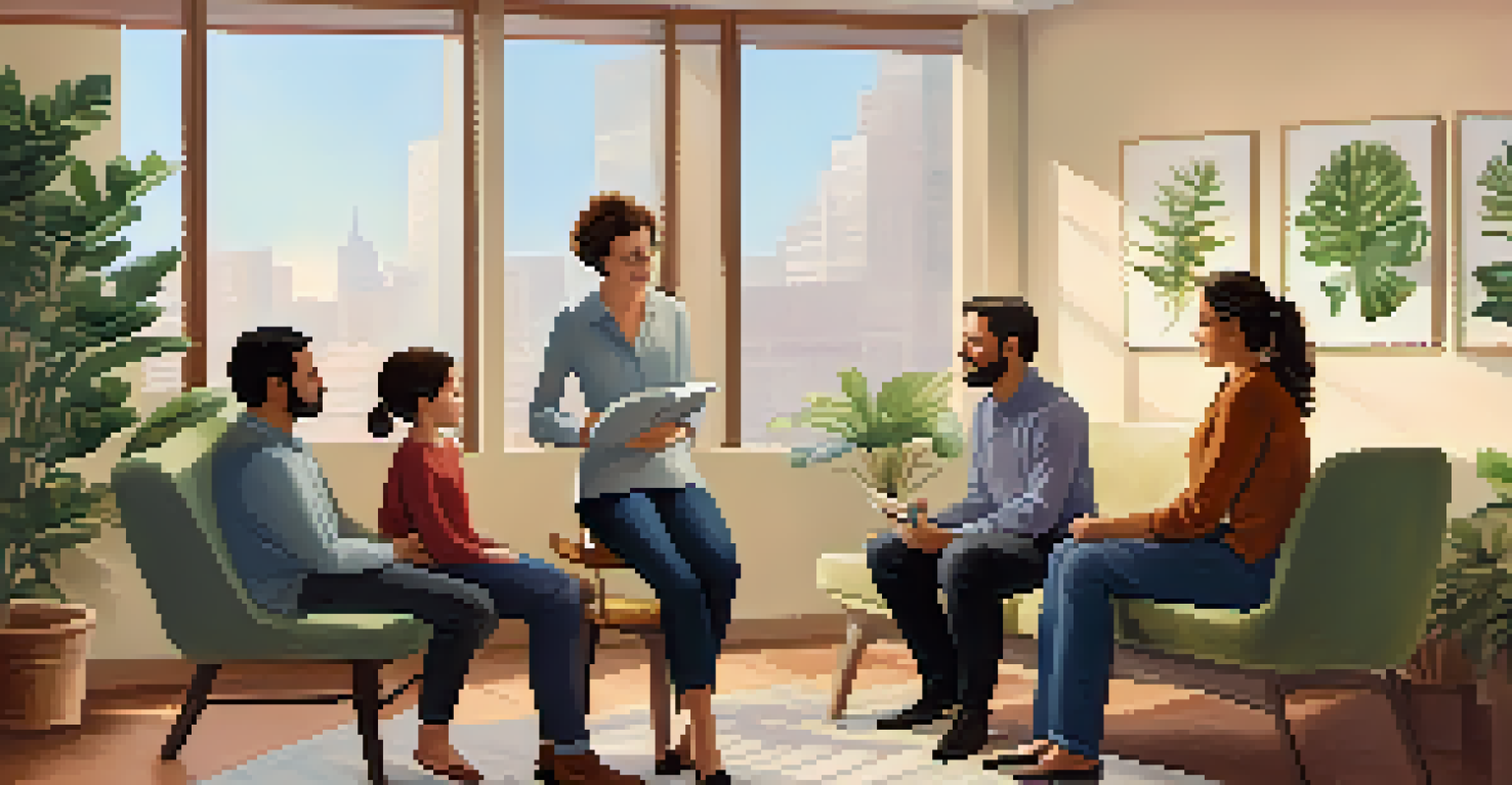 A family therapy session with a therapist and a family of four in a comfortable office, promoting open communication in a calming environment.