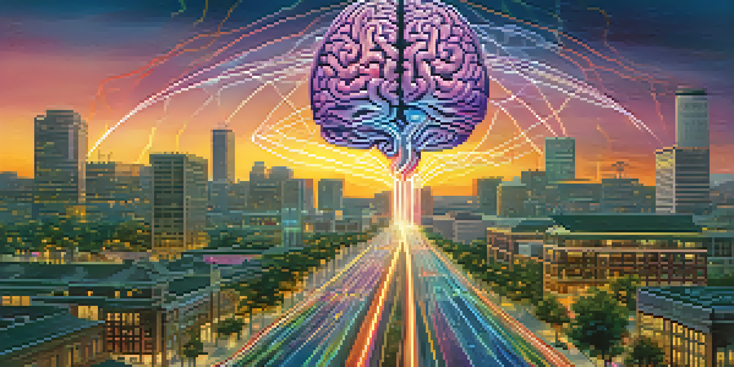 A vibrant brain depicted as a cityscape with glowing neural pathways connecting buildings, under a sunrise sky.