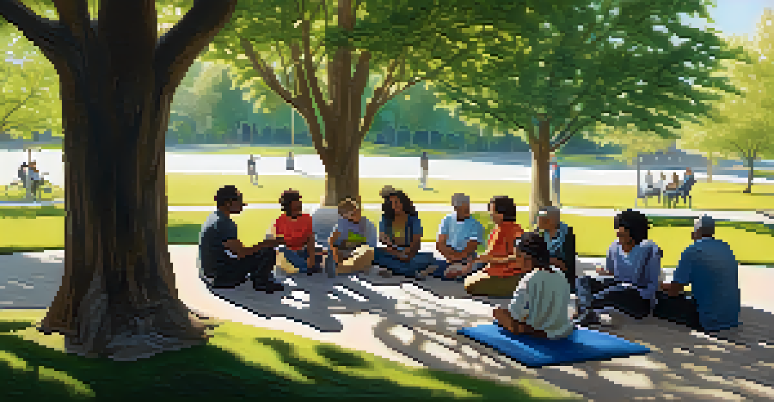 A community workshop on addiction awareness in a sunlit park, with diverse individuals sharing stories.