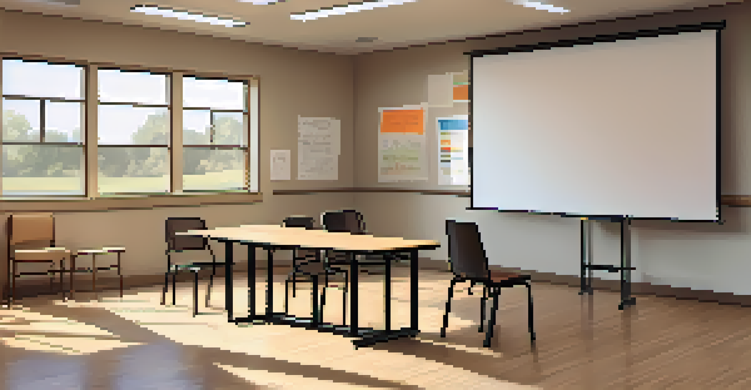 A community center room designed for an intervention, featuring a circle of comfortable chairs and a flip chart with supportive messages.