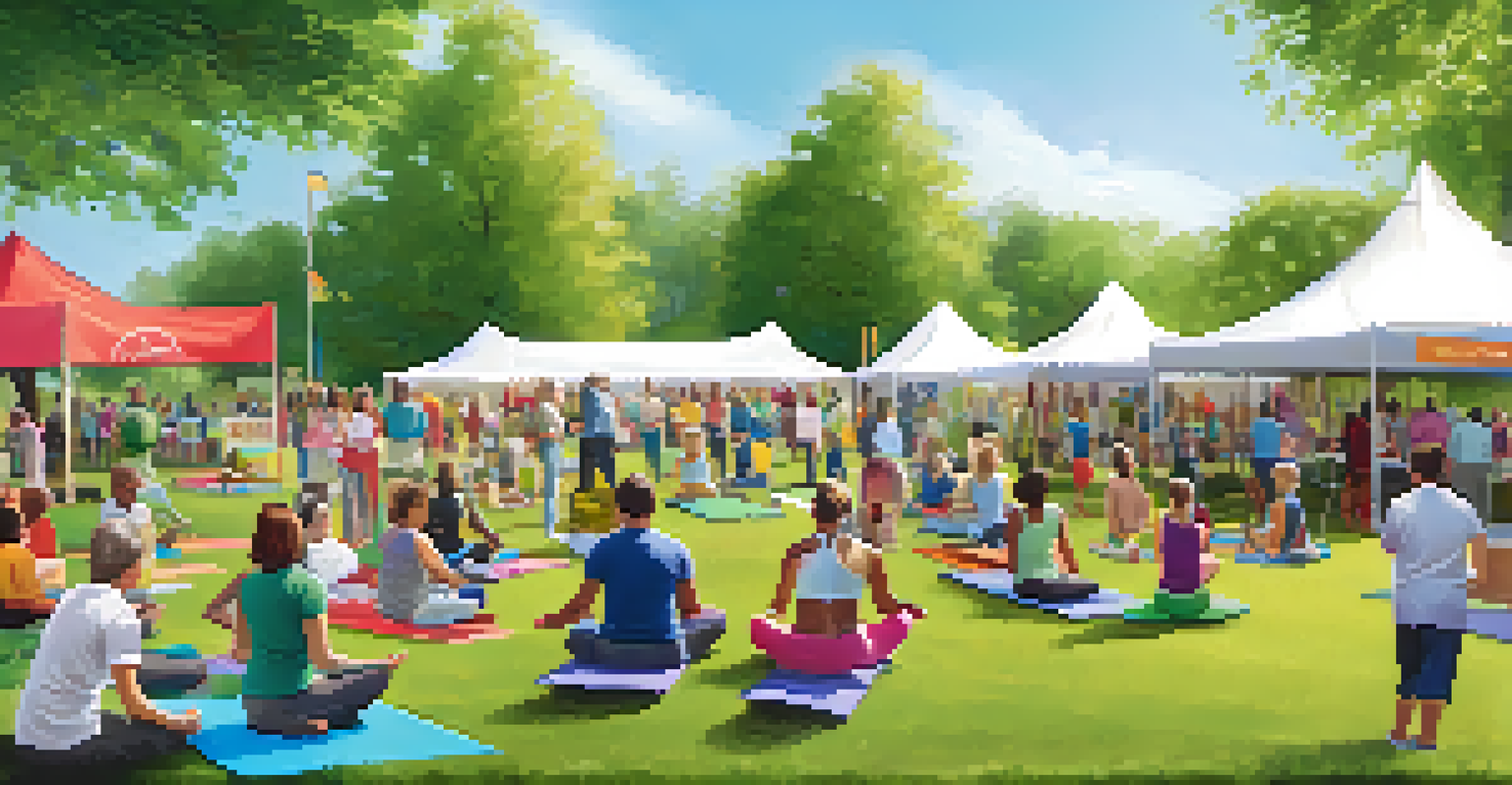 A lively community event in a park with people participating in activities and wellness programs.