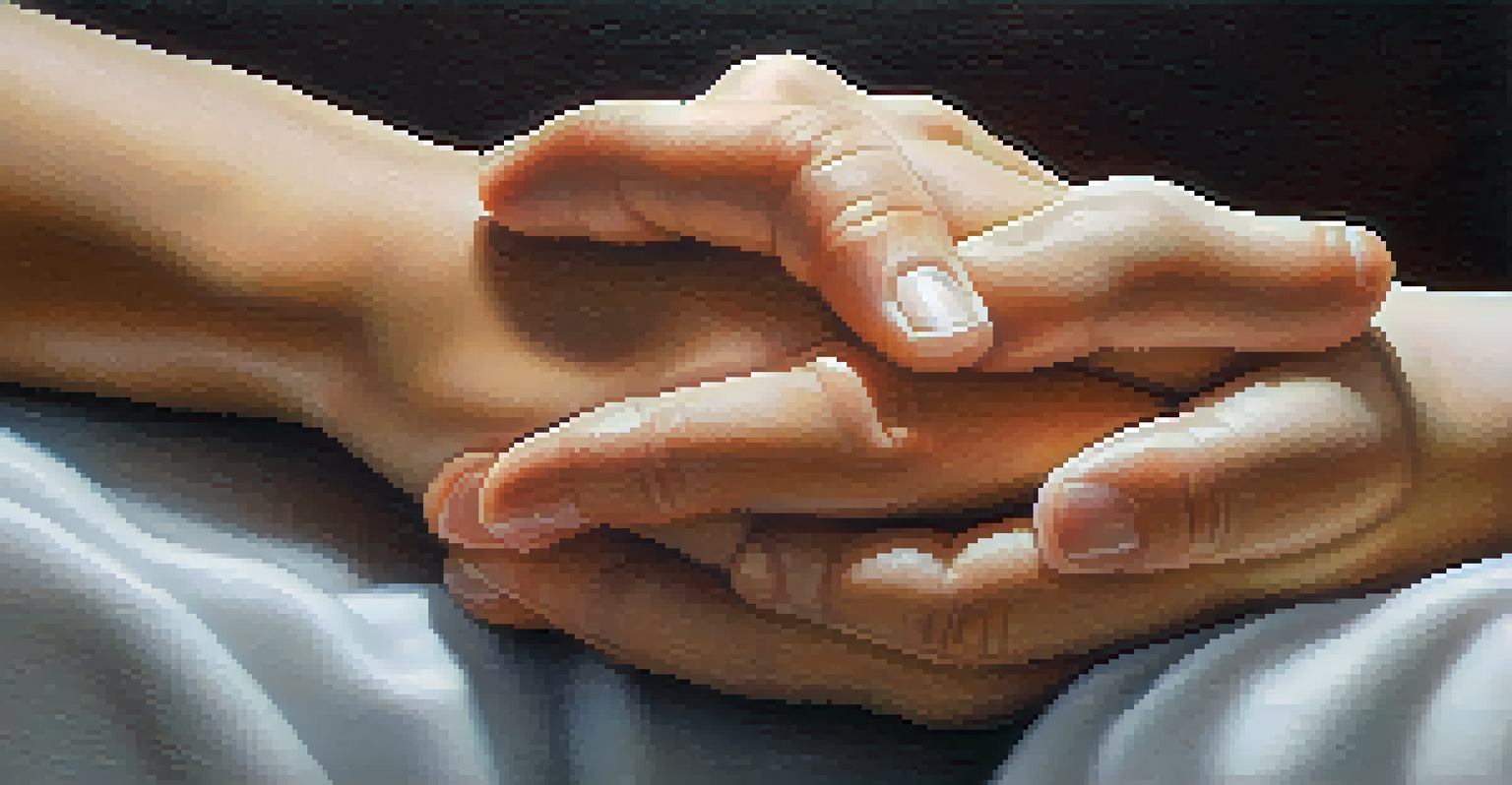 A close-up of two hands, one resting on the other, symbolizing support and compassion.