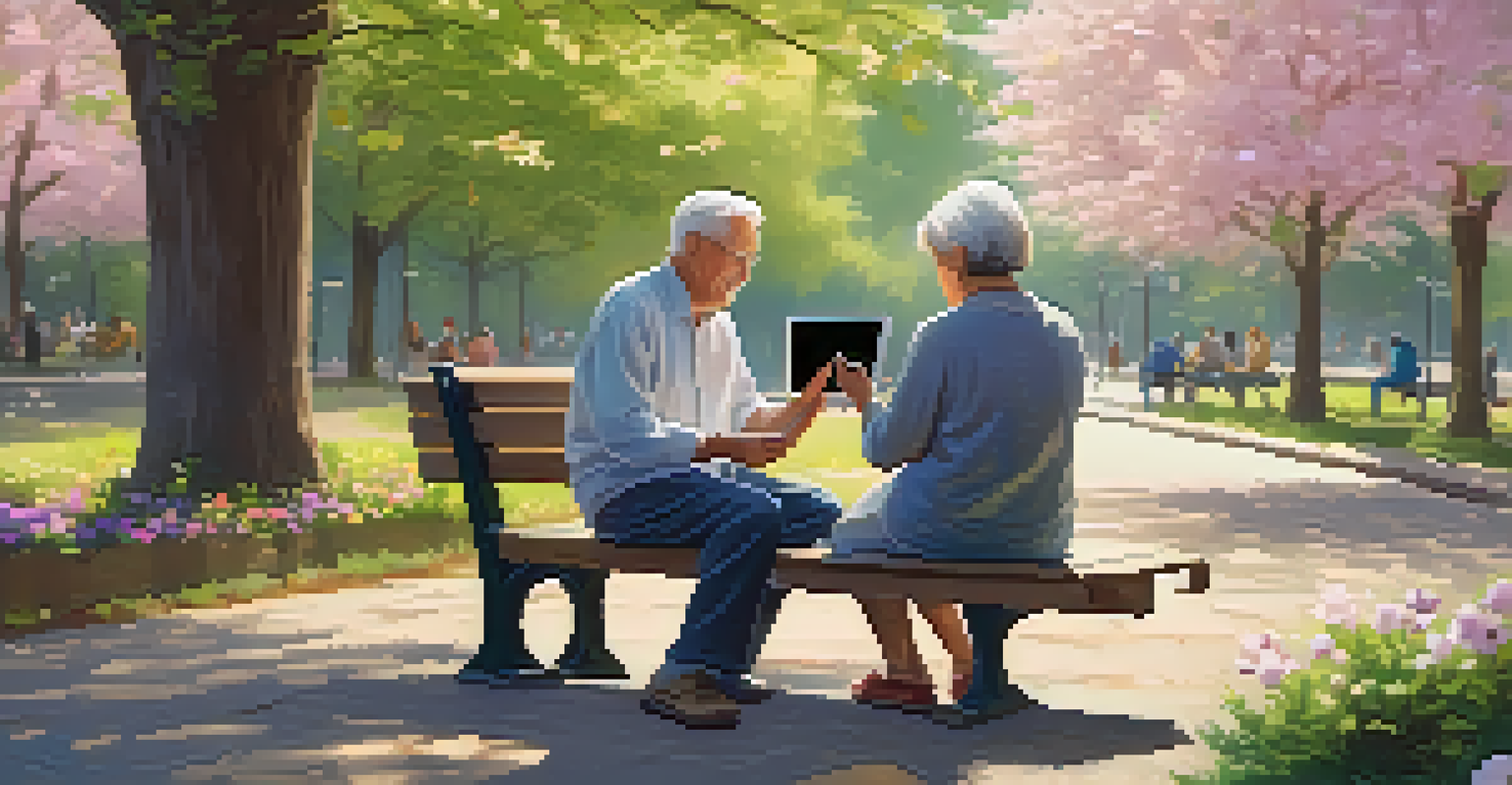 A senior using a tablet to video call a family member while seated on a park bench surrounded by flowers, showcasing joy and connection.