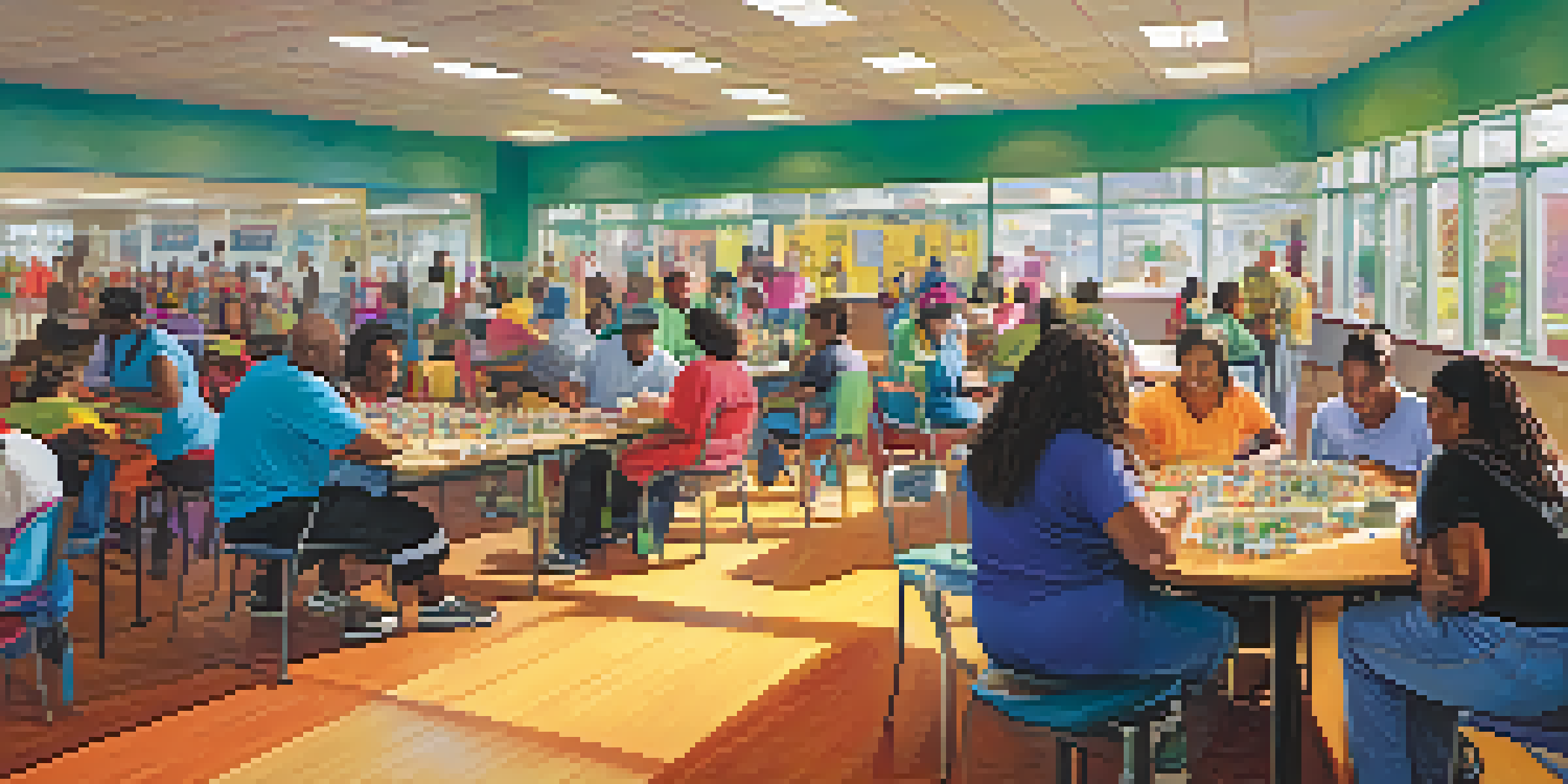 A lively community center with diverse individuals participating in job training and support groups, illustrating community support for recovery.