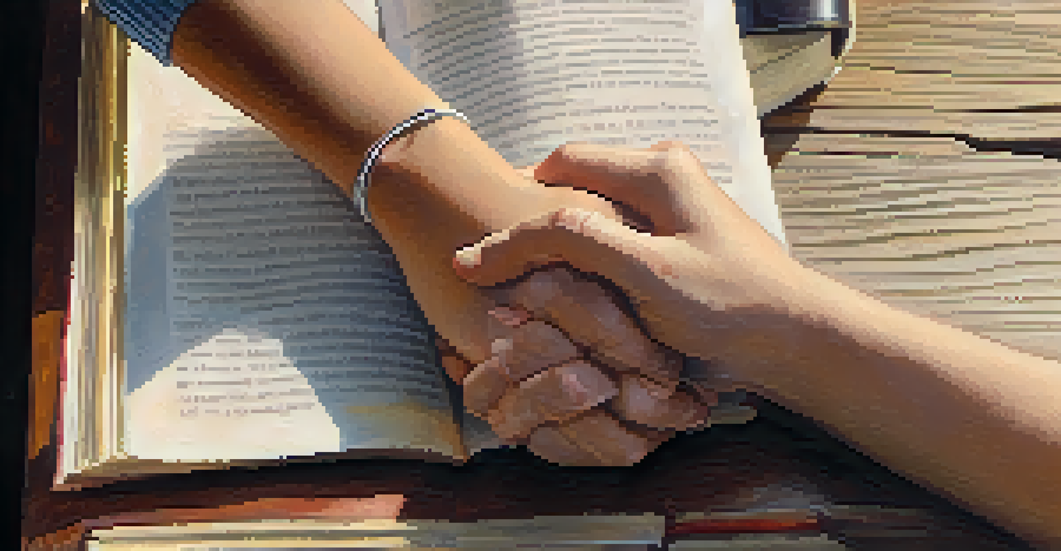 Close-up of mentor and mentee's hands clasped together on a table with a journal and pen.