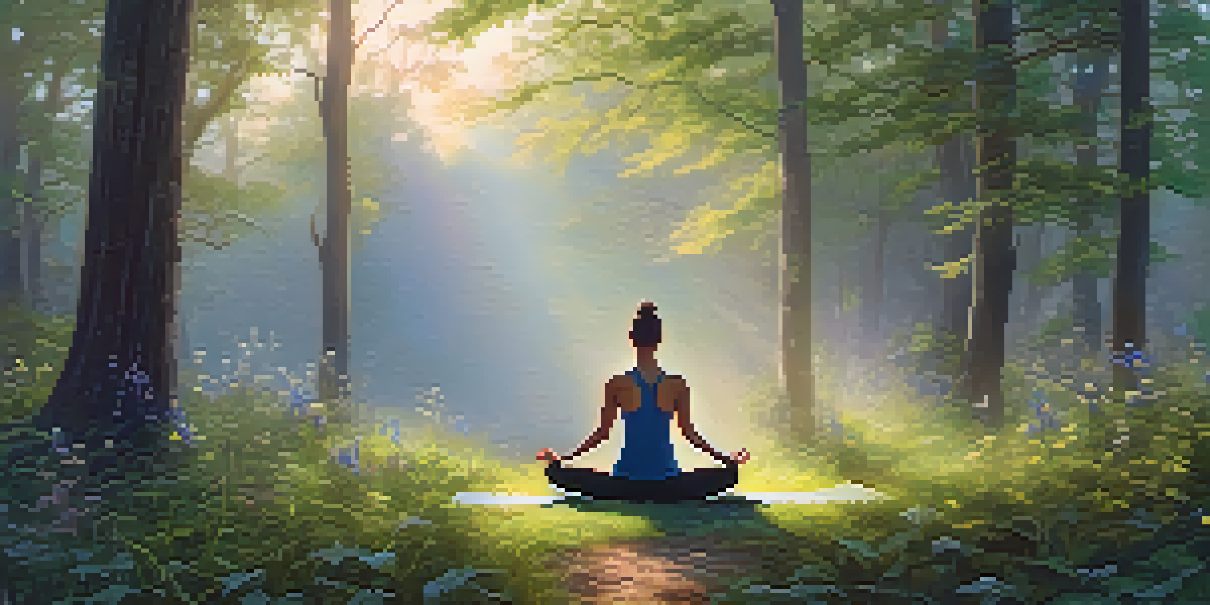 A person practicing yoga in a serene forest at dawn, surrounded by lush greenery and wildflowers.