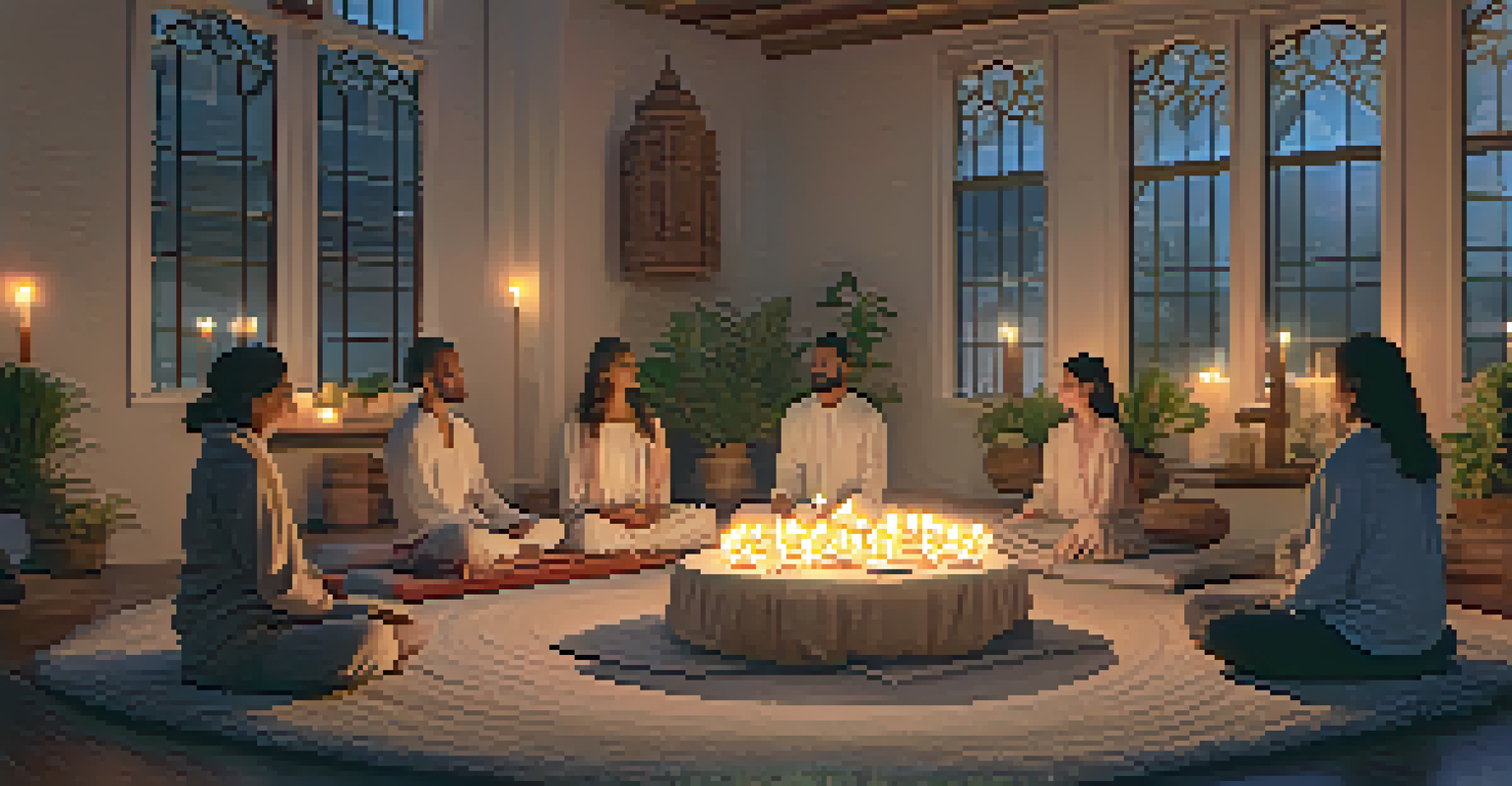 A tranquil meditation space with individuals seated peacefully on cushions, surrounded by soft candlelight, creating a serene atmosphere.
