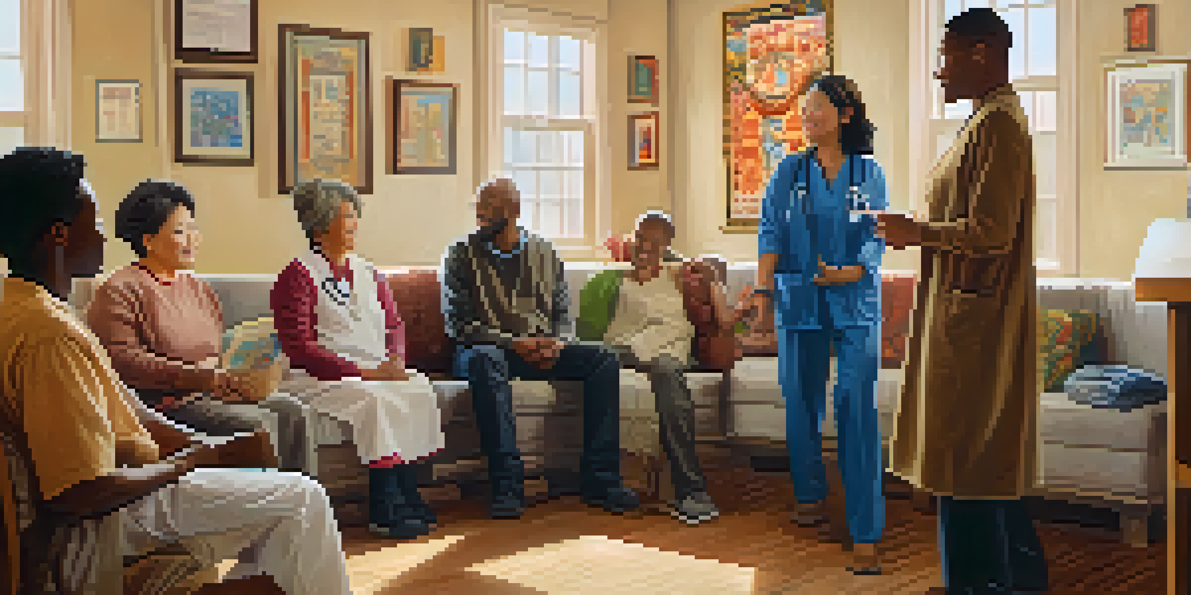 A healthcare provider of Asian descent listens to a young Black man in a warm community center filled with cultural decorations.