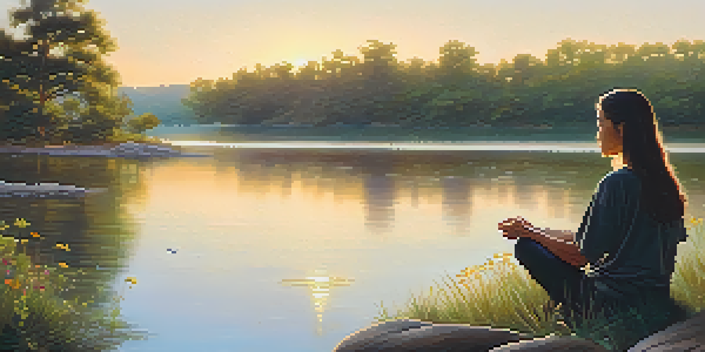 A person meditating by a lake at sunrise, surrounded by greenery and wildflowers, representing mindfulness and serenity.