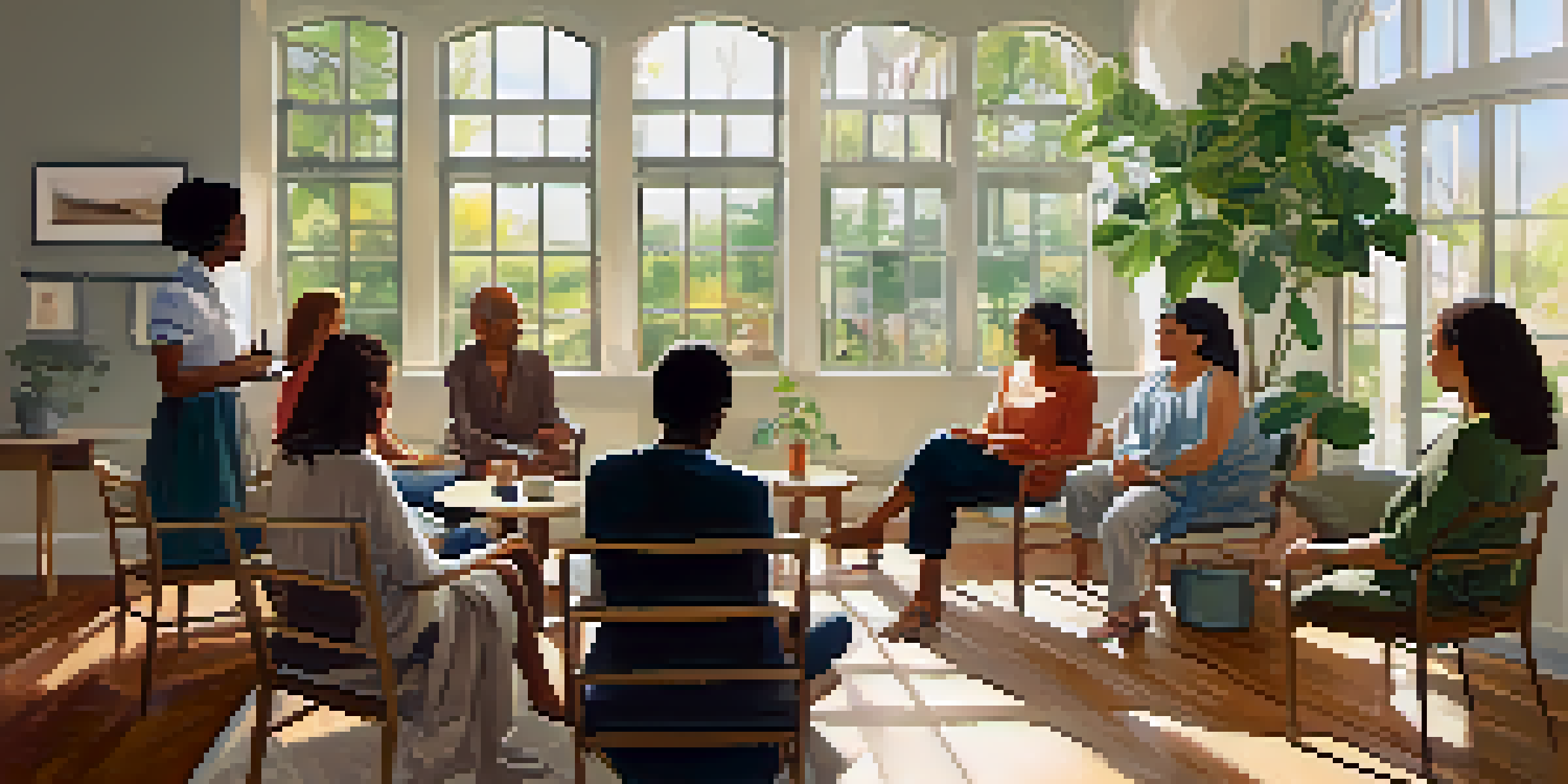 A group of diverse individuals sitting in a circle in a cozy, well-lit room, engaged in a supportive discussion with warm expressions.