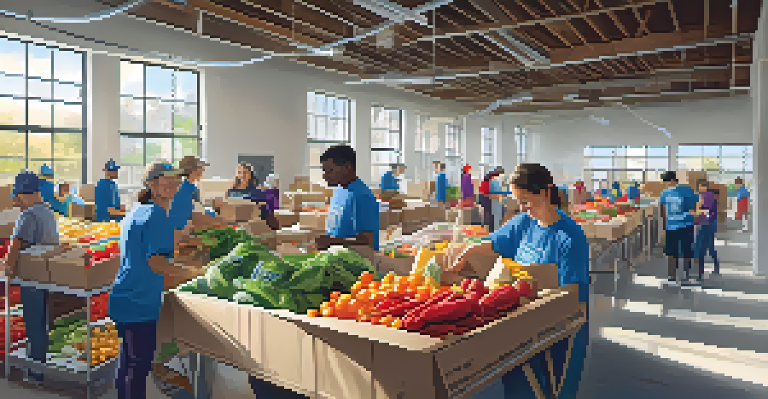 Volunteers at a food bank working together to sort and pack food items, showcasing teamwork and community spirit.