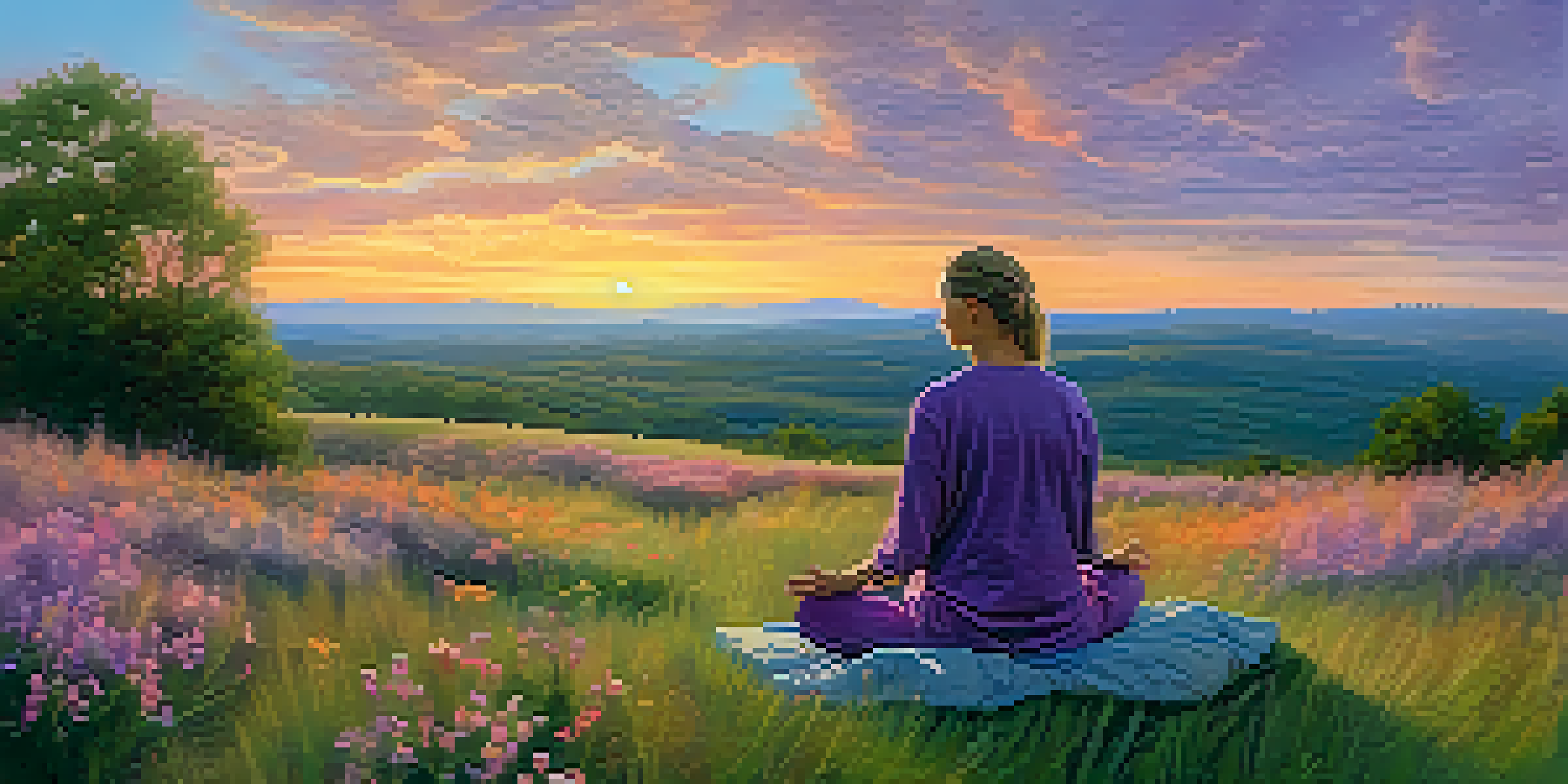 A person meditating on a grassy hilltop at sunset, surrounded by flowers and a colorful sky.