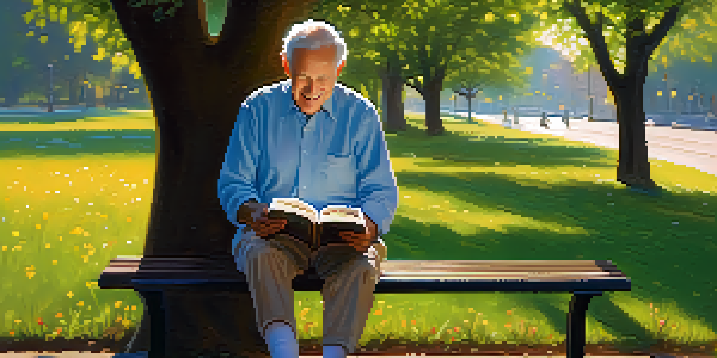 An elderly man reading a book on a park bench surrounded by flowers, under warm sunlight.