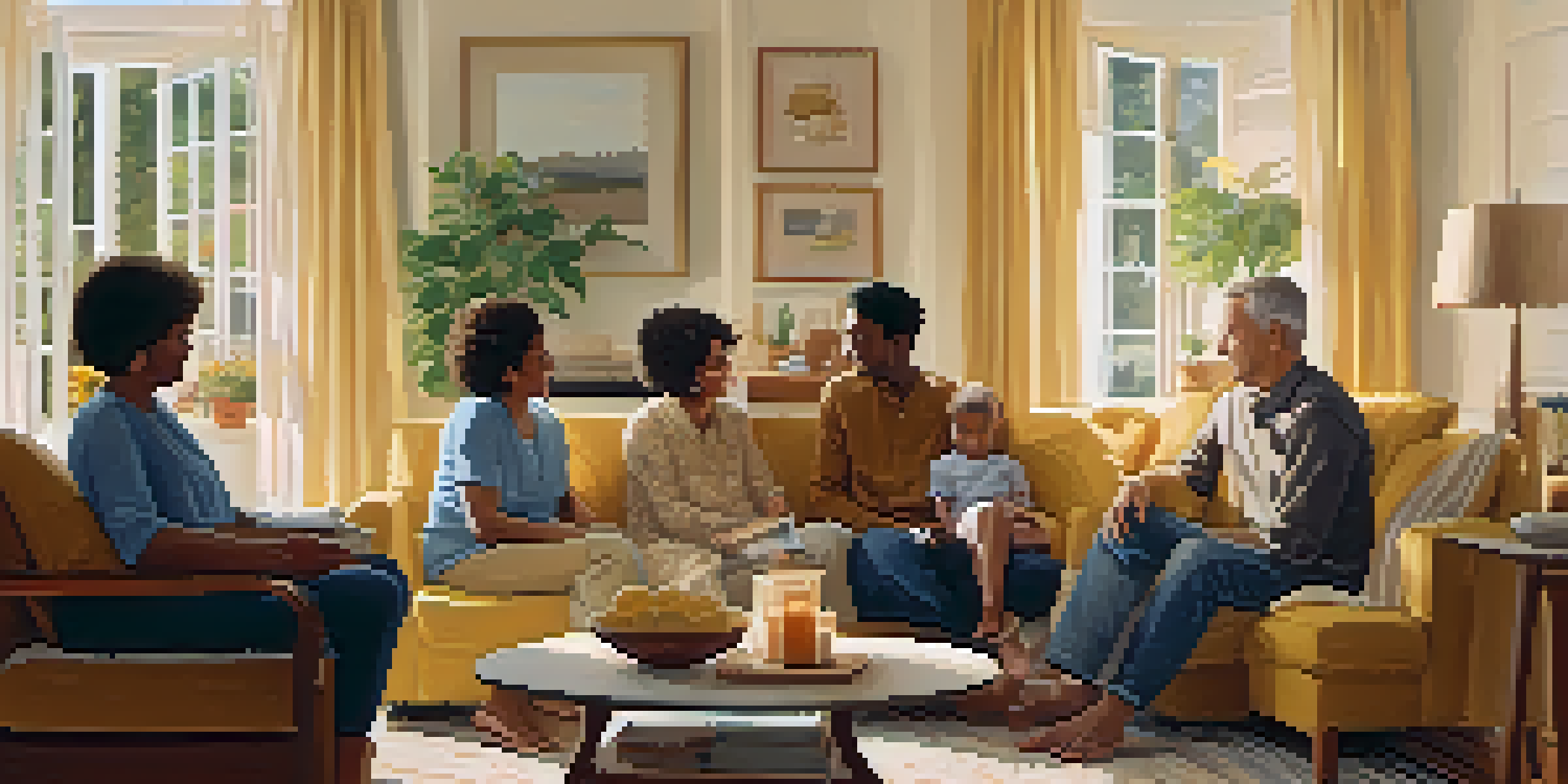 A diverse family sitting together in a bright living room, sharing stories and enjoying each other's company.
