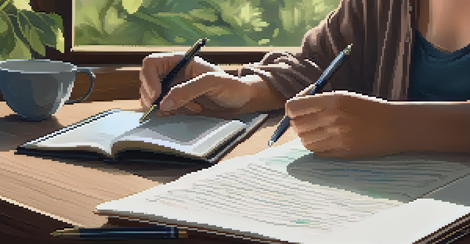 A person writing in a digital journaling app on a tablet at a desk, with a cup of herbal tea, in a serene and well-lit space.