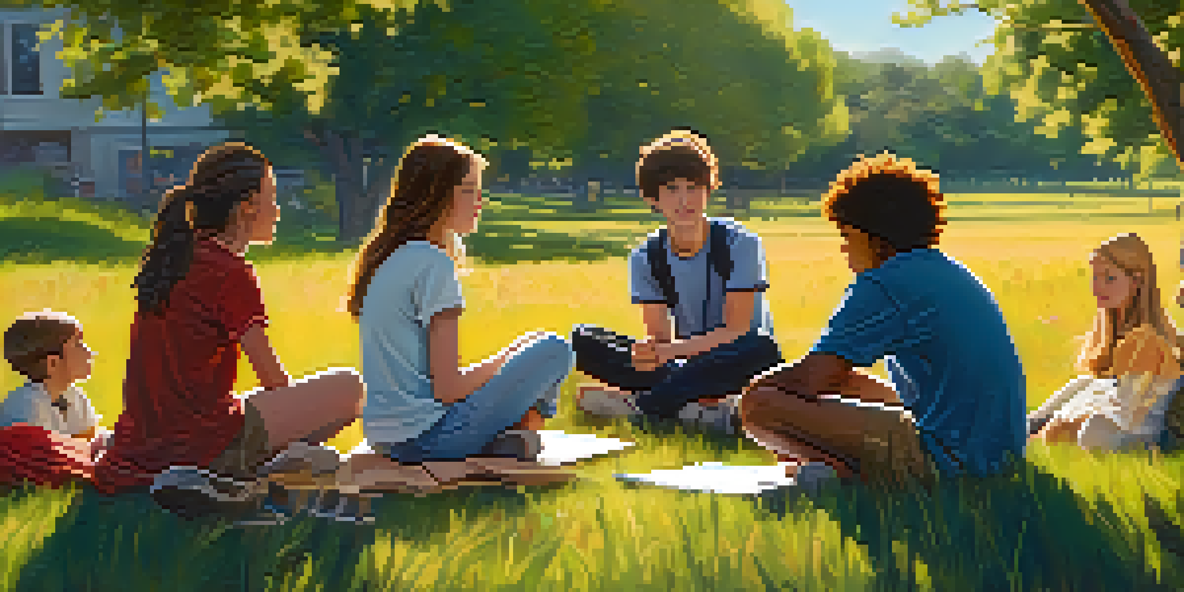 A group of diverse teenagers sitting in a circle on a grassy field, engaged in a supportive discussion under warm sunlight.
