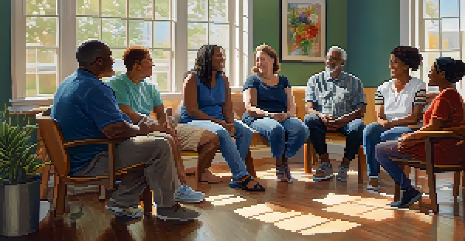 A group of diverse individuals in a supportive community meeting, sharing experiences in a cozy room filled with natural light and inspiring artwork.