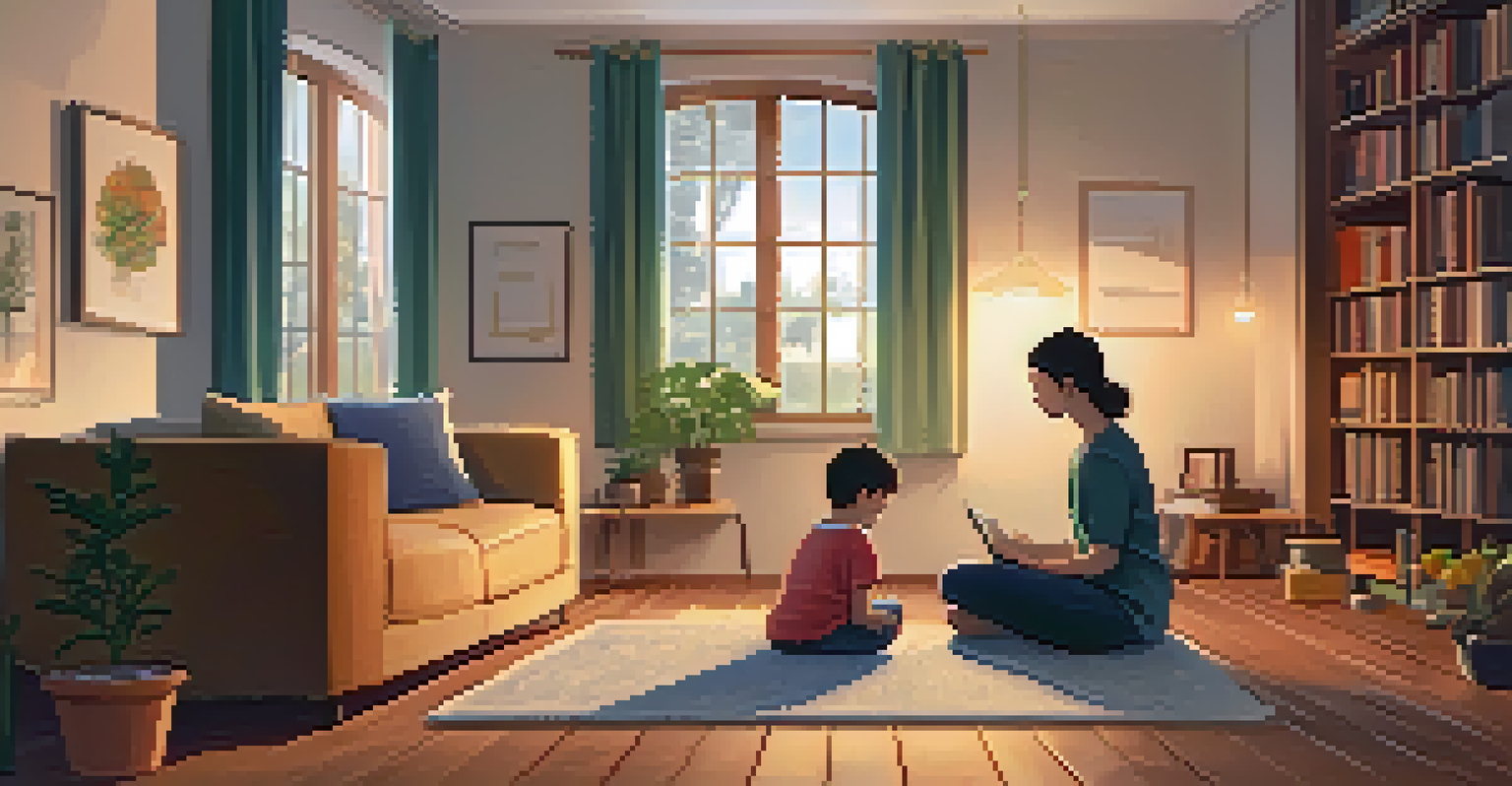 A parent and child practicing mindfulness together in a cozy living room filled with soft cushions and warm lighting.