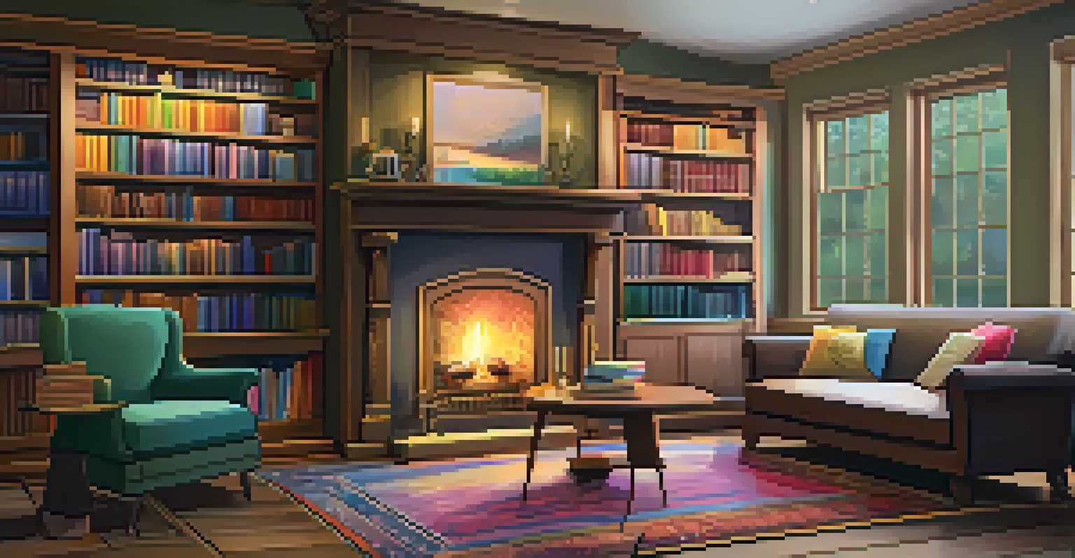 A cozy room with a fireplace, bookshelves, and a cup of tea on a side table.