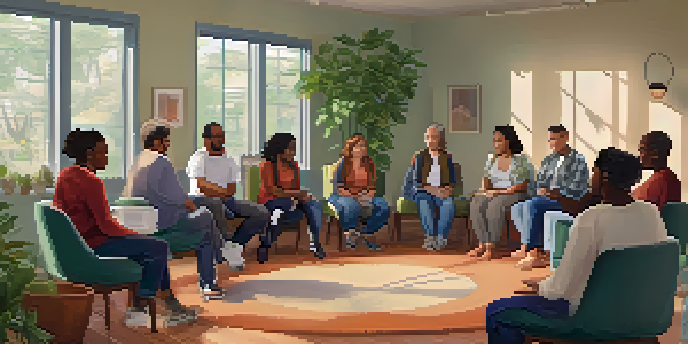 A diverse group of people in a cozy room participating in a community support group for recovery from substance use disorder, arranged in a circle with warm lighting and plants.