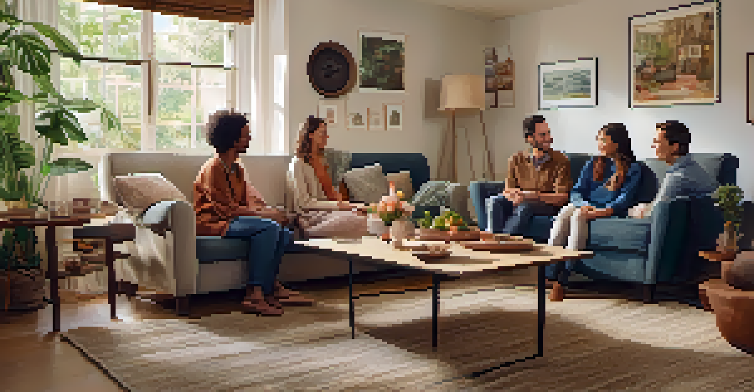 A family sitting together in a living room, openly discussing feelings, creating a warm and supportive atmosphere.