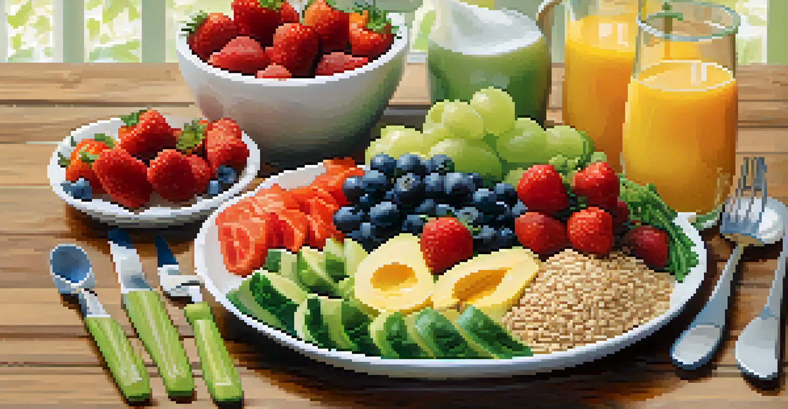 A colorful plate of nutritious foods including fruits, vegetables, and whole grains on a bright wooden table.