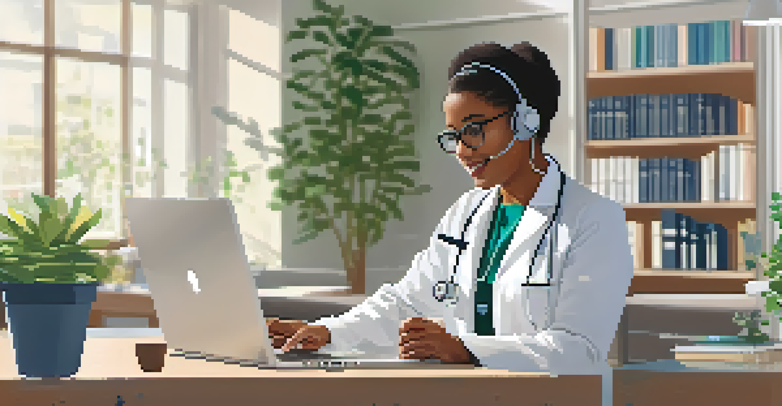A healthcare professional engaging in a telehealth session with a patient on a laptop, in a bright and organized office space.