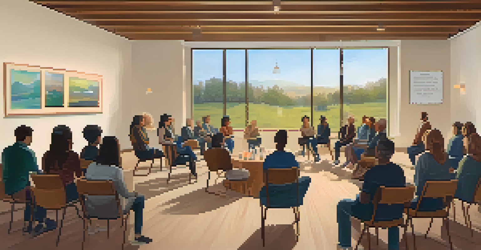A speaker sharing personal stories during a mental health awareness workshop, with an engaged audience in a warmly lit room.