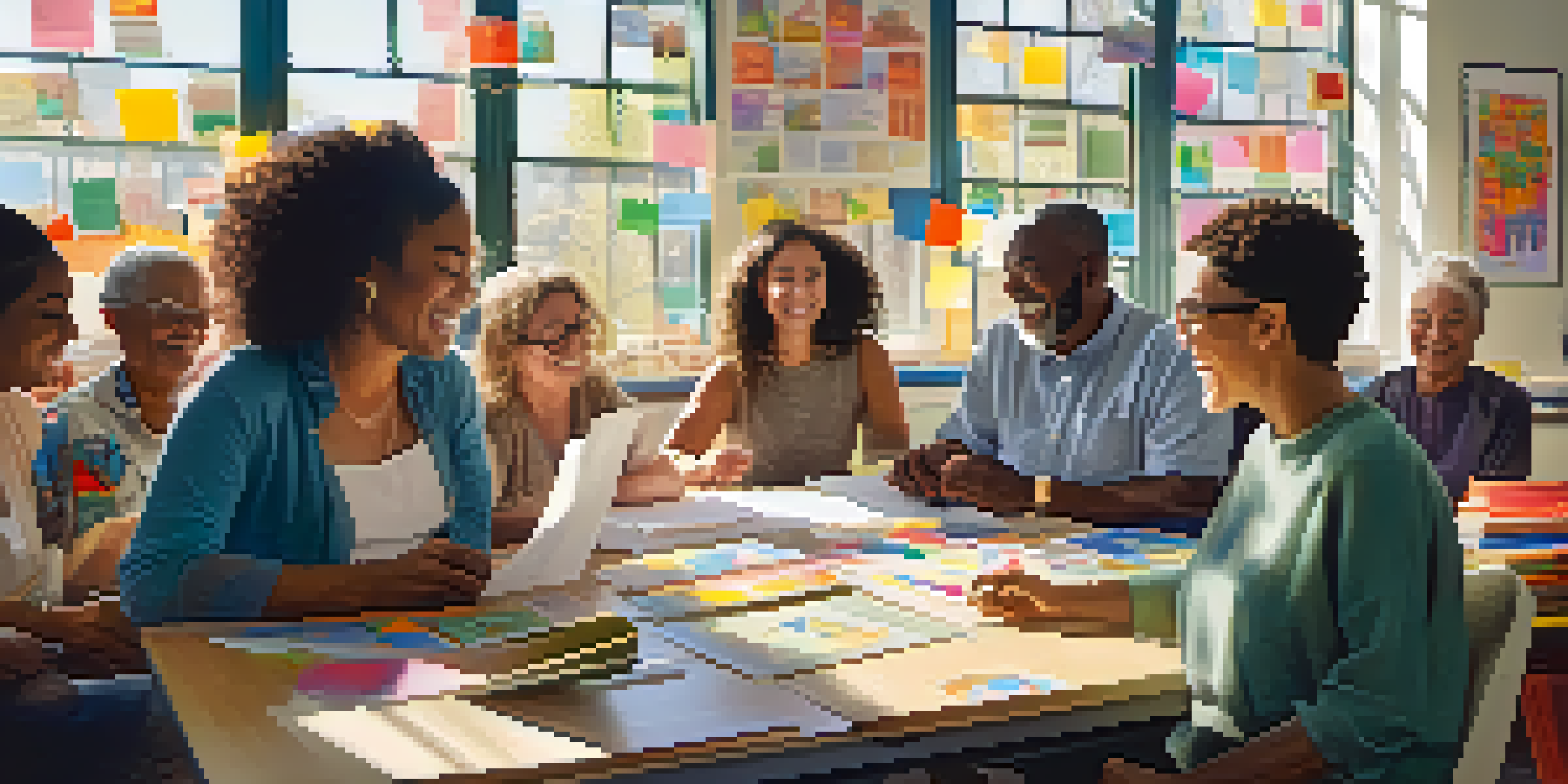 A diverse group of adults collaborating in a bright classroom, surrounded by educational materials.