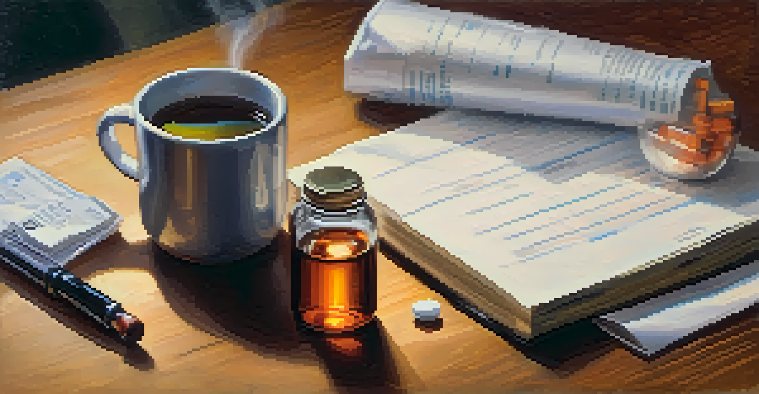A close-up of a hand holding a prescription bottle, with a blurred background of a therapist's notebook and a cup of tea.