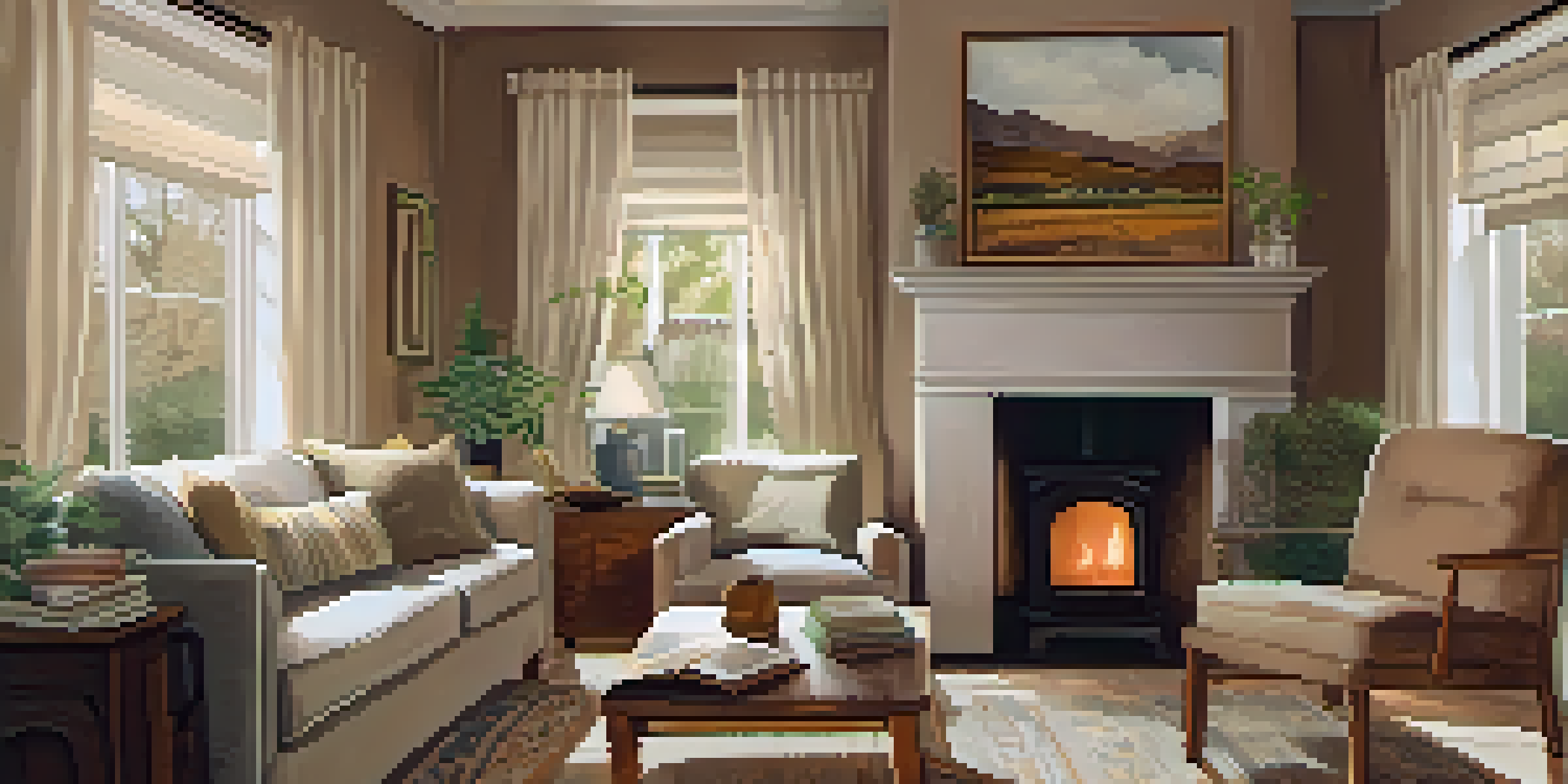 An elderly person reading a book in a cozy living room with warm sunlight and family photos on the wall.