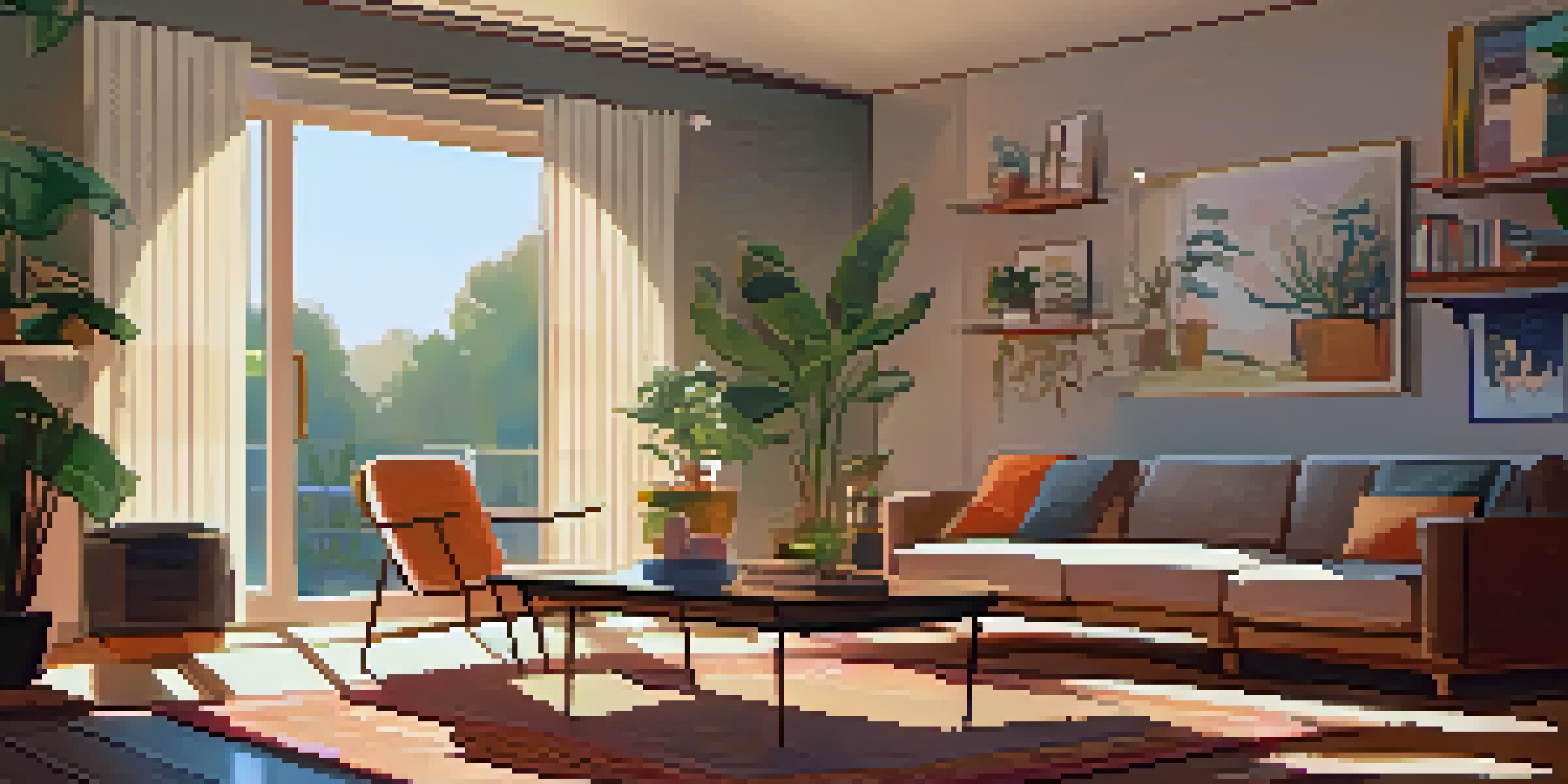 A person playing video games in a comfortable living room filled with plants and books.