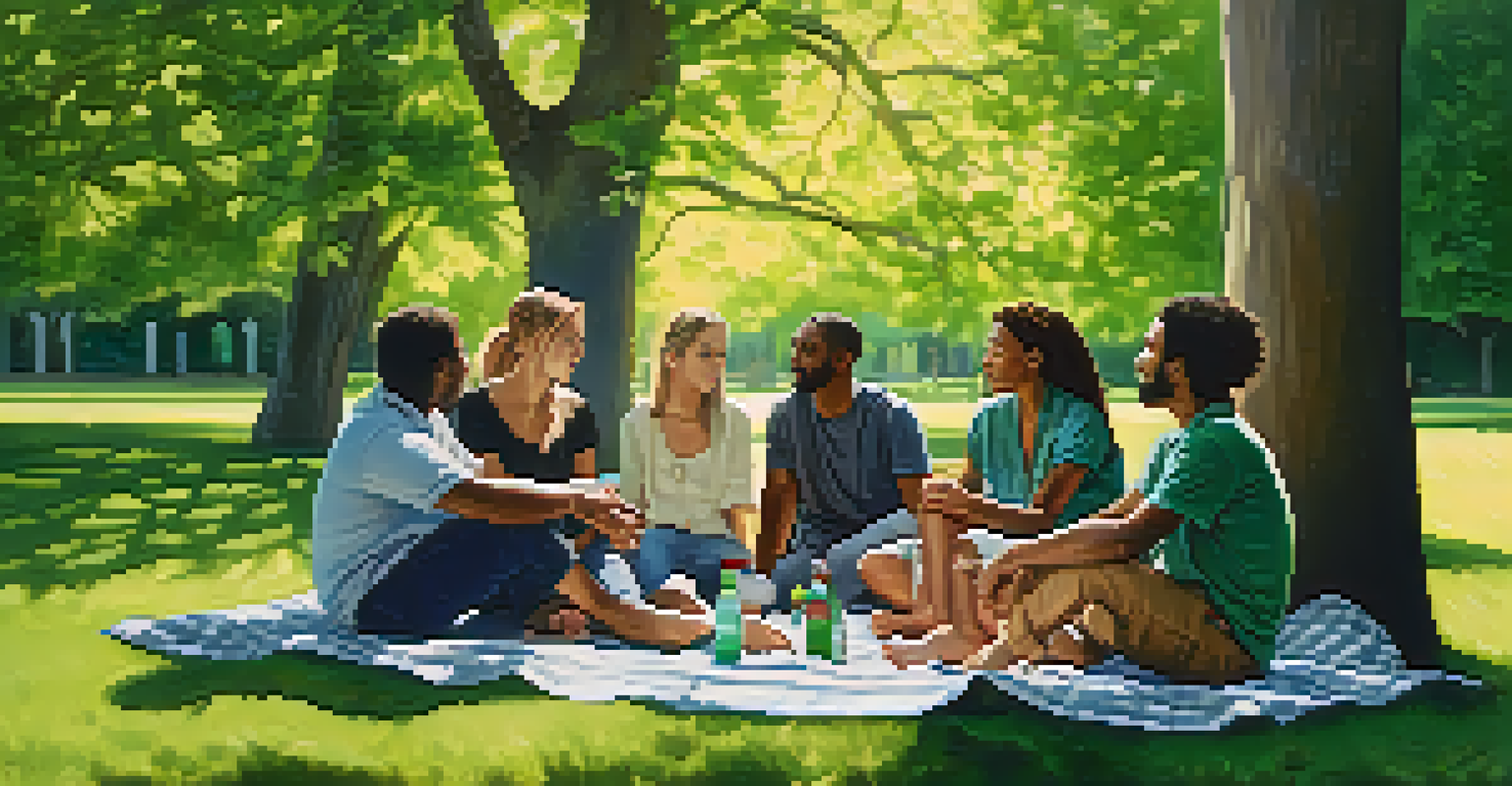 A diverse group of six individuals sitting in a circle in a park, engaged in a heartfelt support group meeting surrounded by nature.