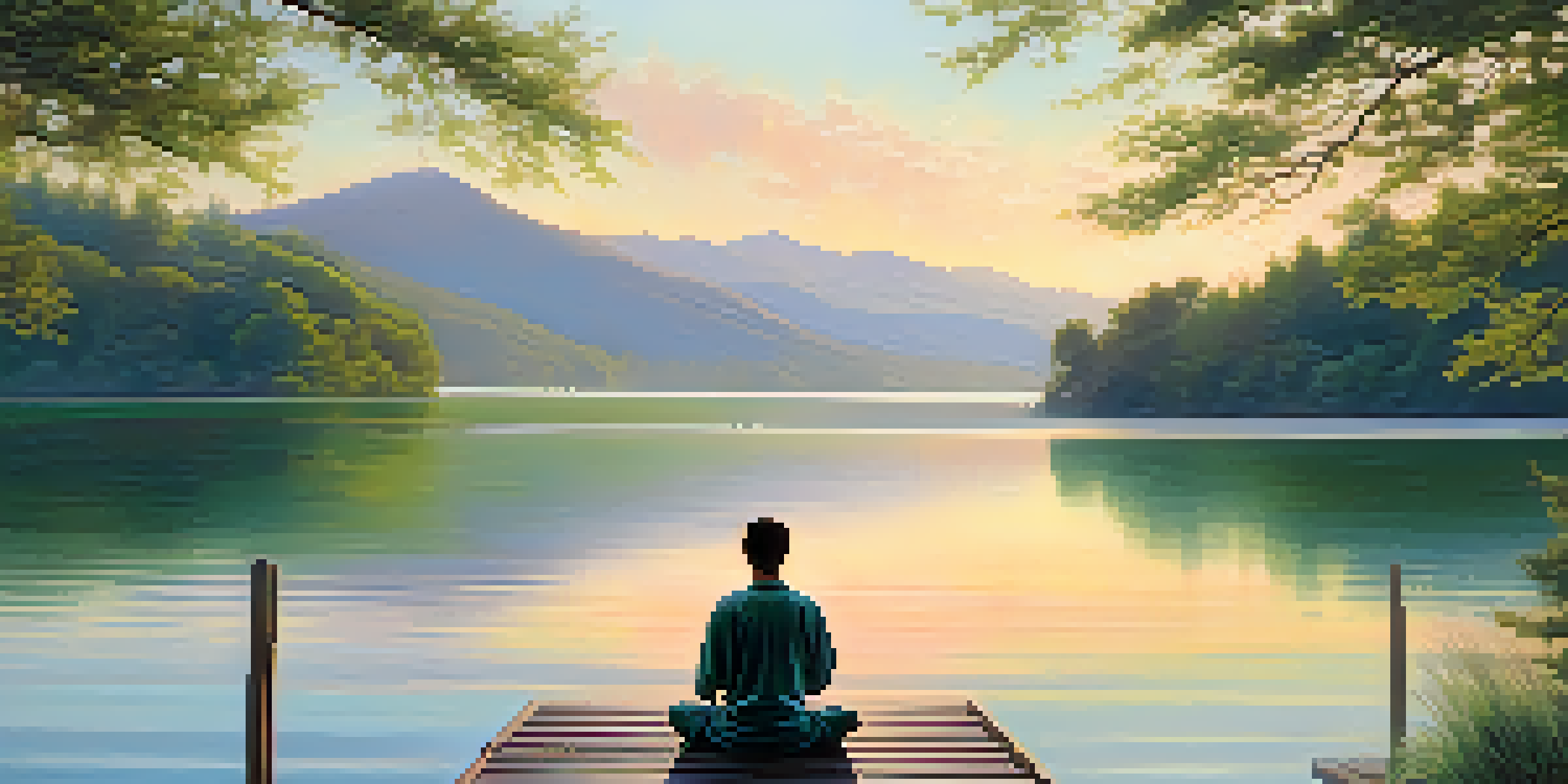 A peaceful sunrise over a lake with a person meditating on a dock, surrounded by trees and mountains.