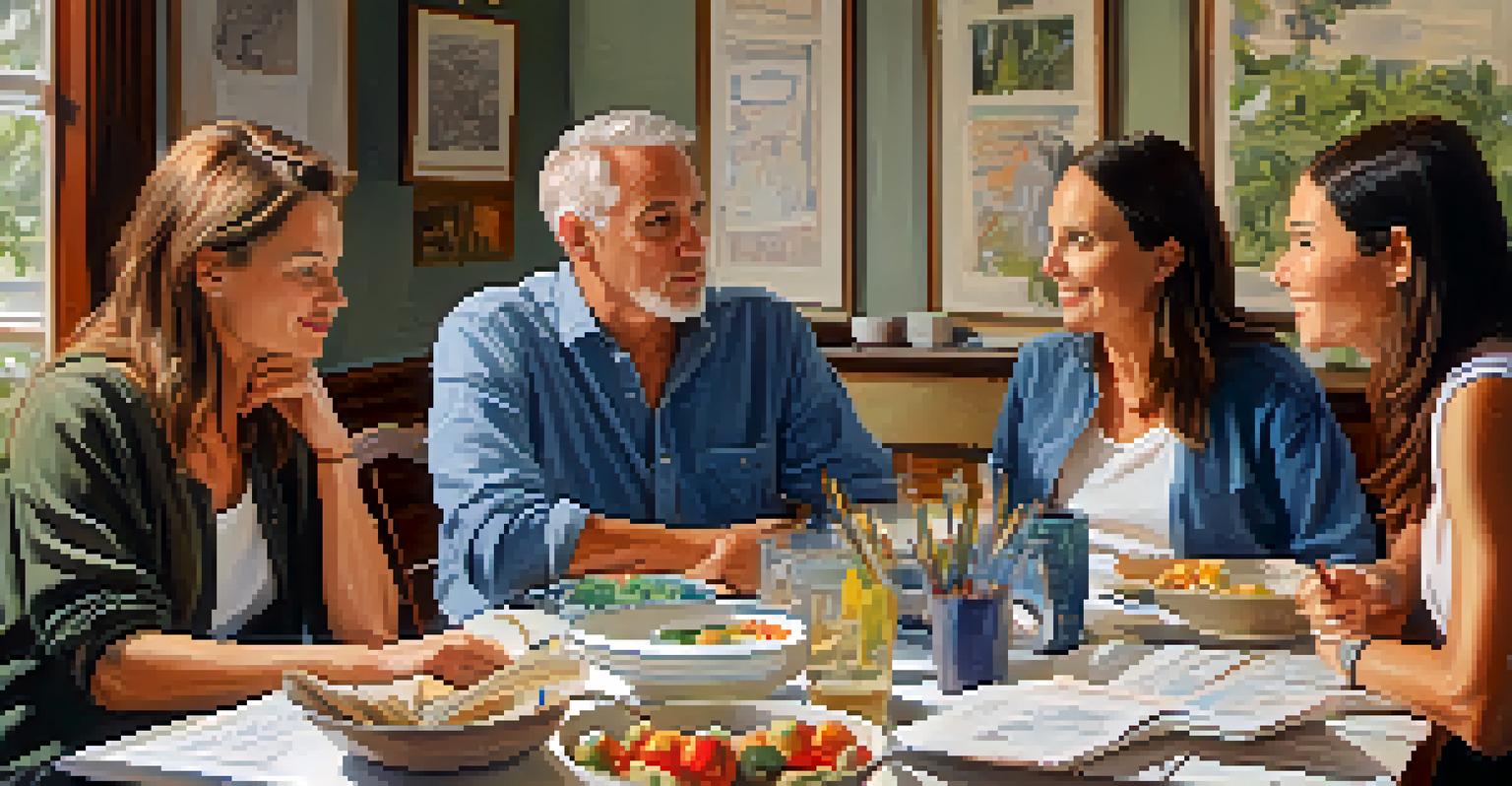 A family having an open discussion around a dining table, showing support and communication.