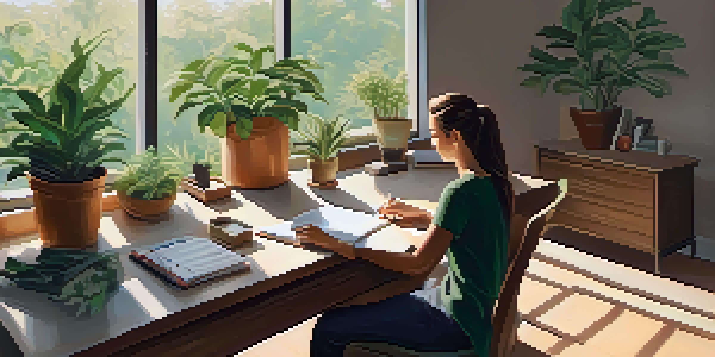A person at a desk with a notebook and coffee, surrounded by plants and natural light, representing mindfulness and budgeting.