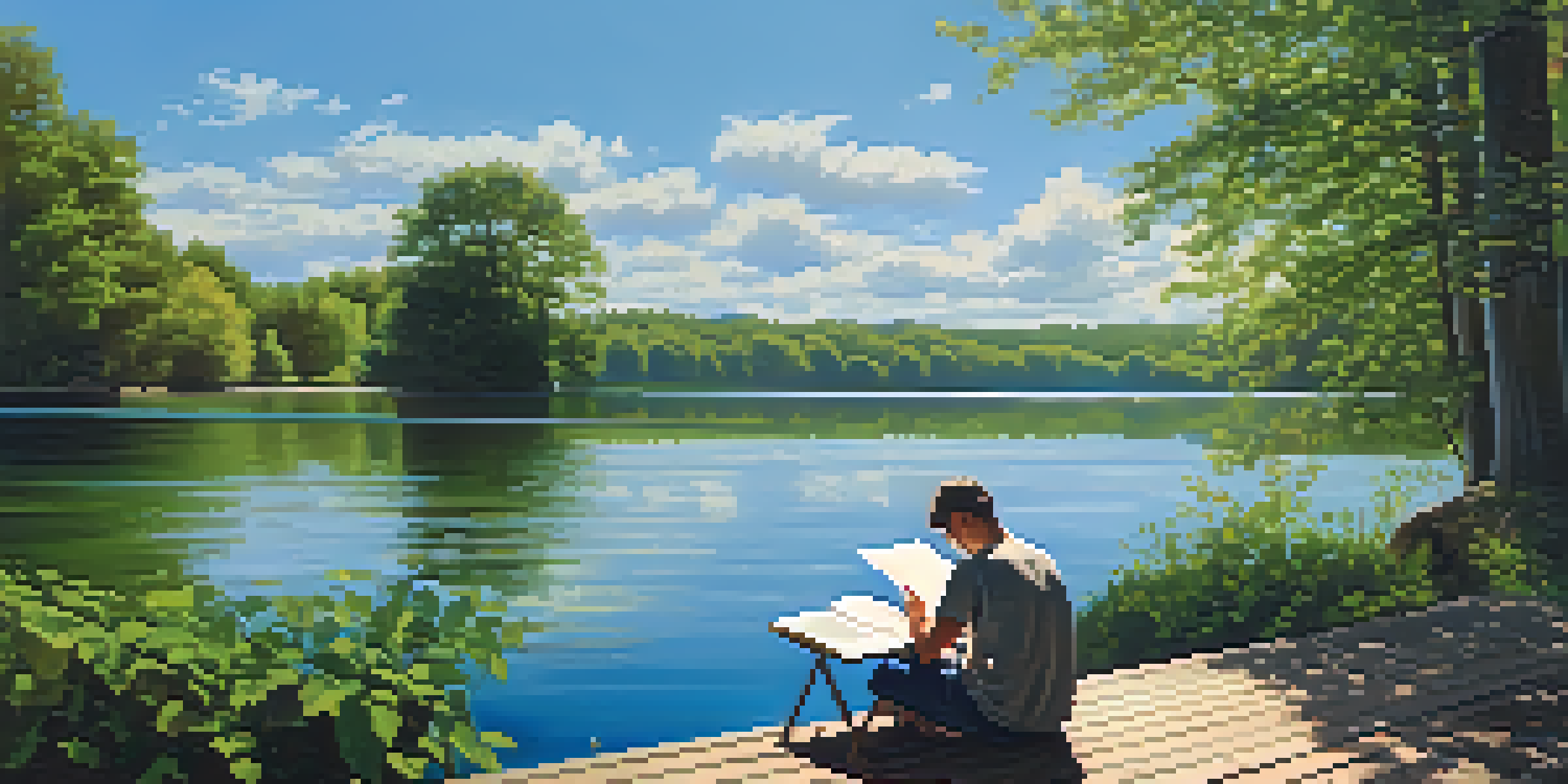 A person sitting on a dock by a calm lake, writing in a journal, with trees and a blue sky in the background.