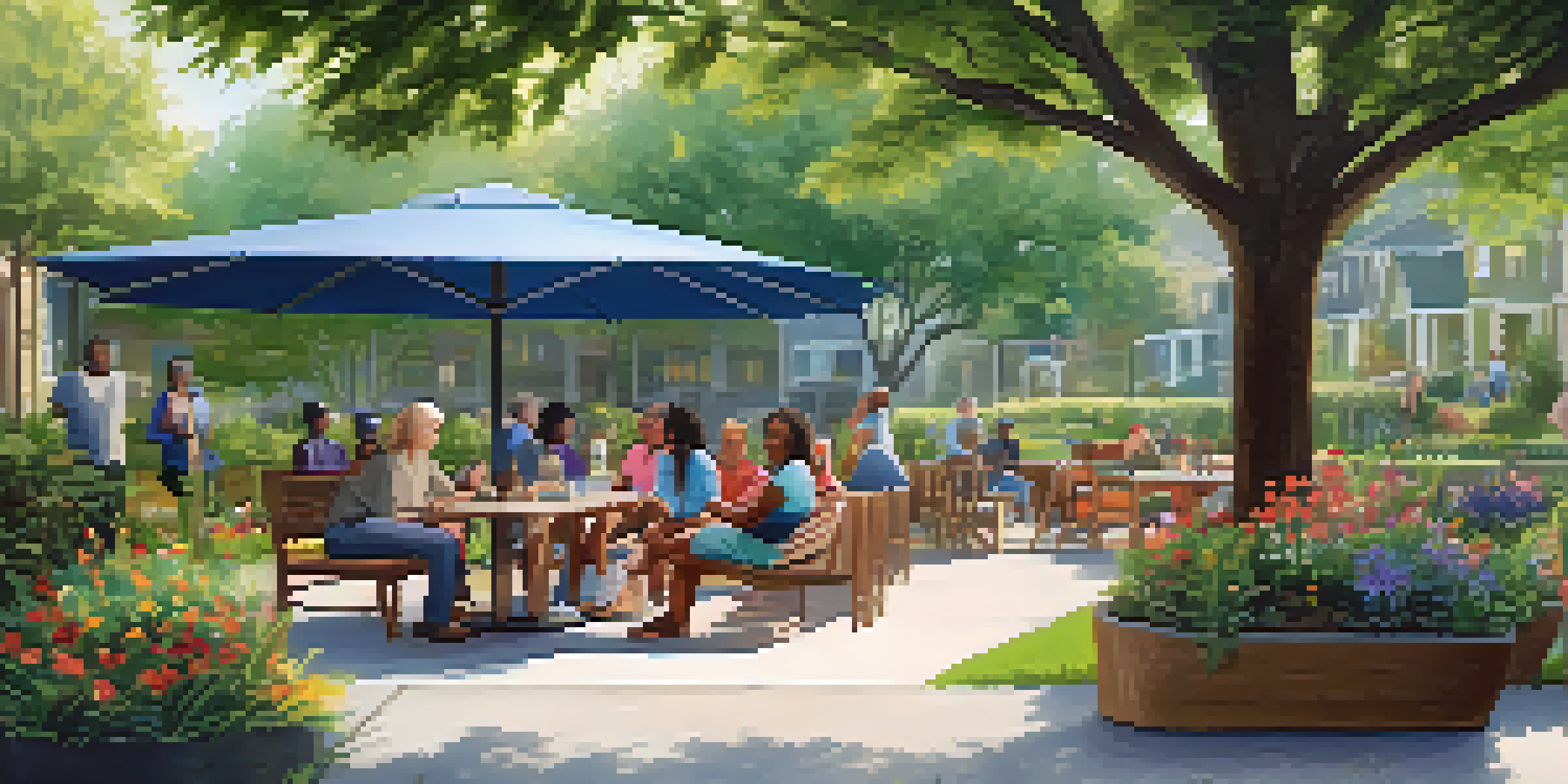 A diverse group of individuals participating in a supportive outdoor group activity in a transitional housing community, surrounded by greenery and sunlight.