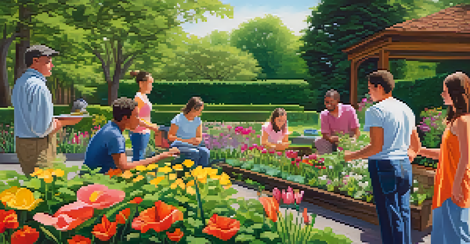 A lush garden with colorful flowers, where individuals are engaged in a workshop, symbolizing growth and recovery.