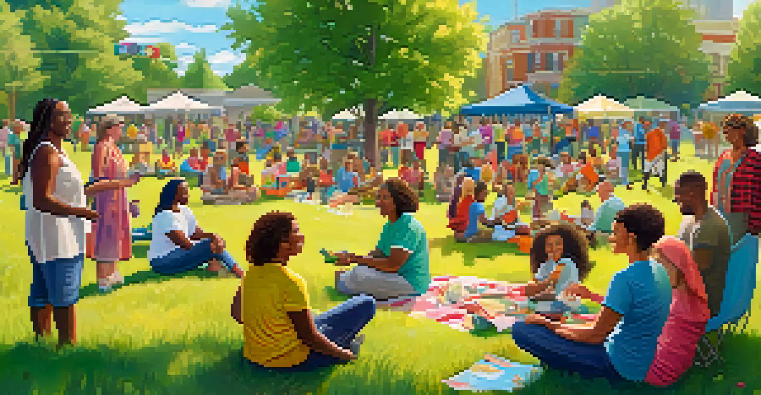 A diverse group of people gathered in a sunny park, sharing stories and support under a banner that says 'Together We Heal'.