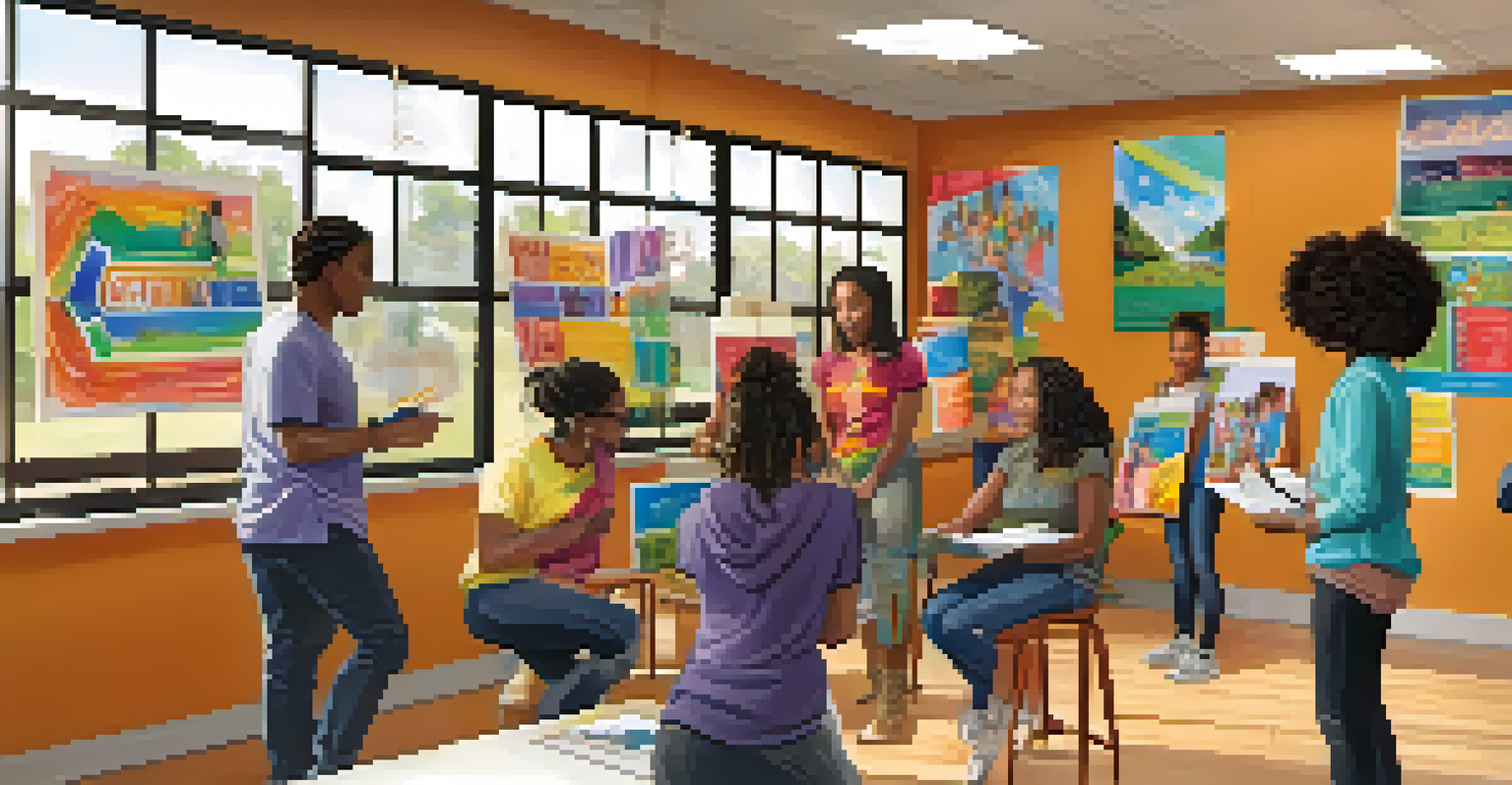 A diverse group of teenagers participating in a workshop about making healthy choices in a colorful community center.