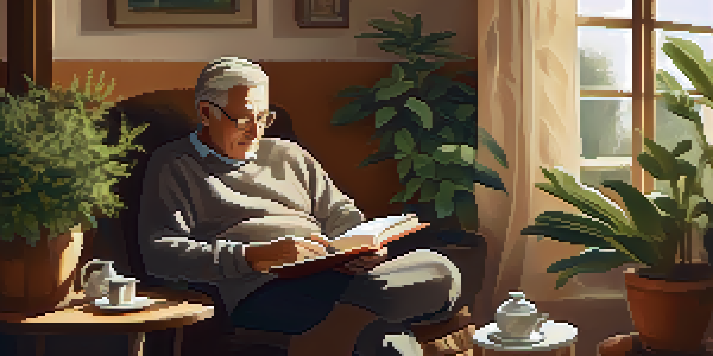 An older man reading a book in a sunlit living room filled with plants and warm colors.