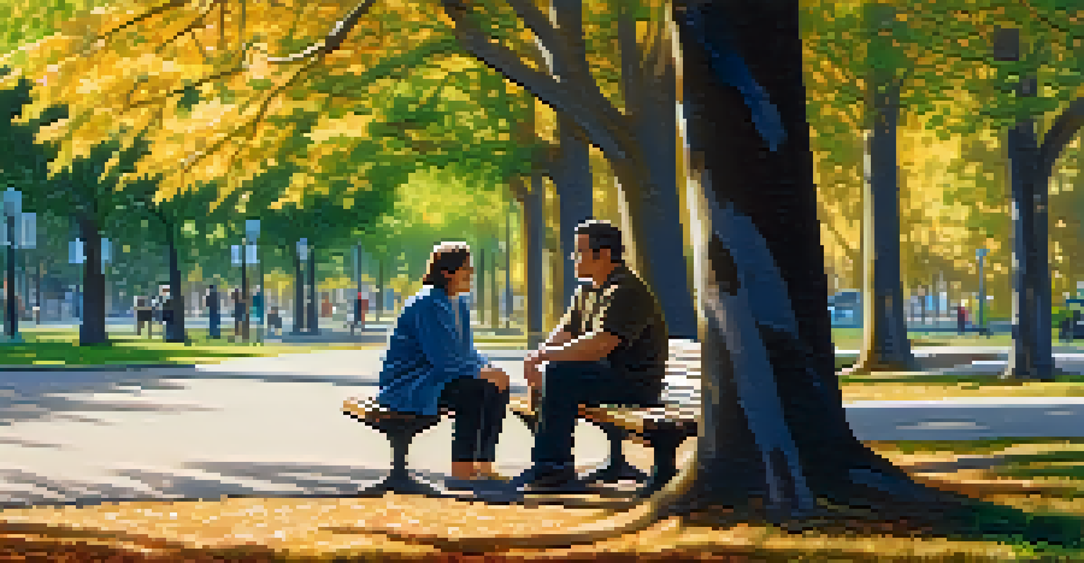 A warm mentoring session in a park with a peer support specialist and a younger individual sitting on a bench, surrounded by nature and sunlight filtering through the trees.