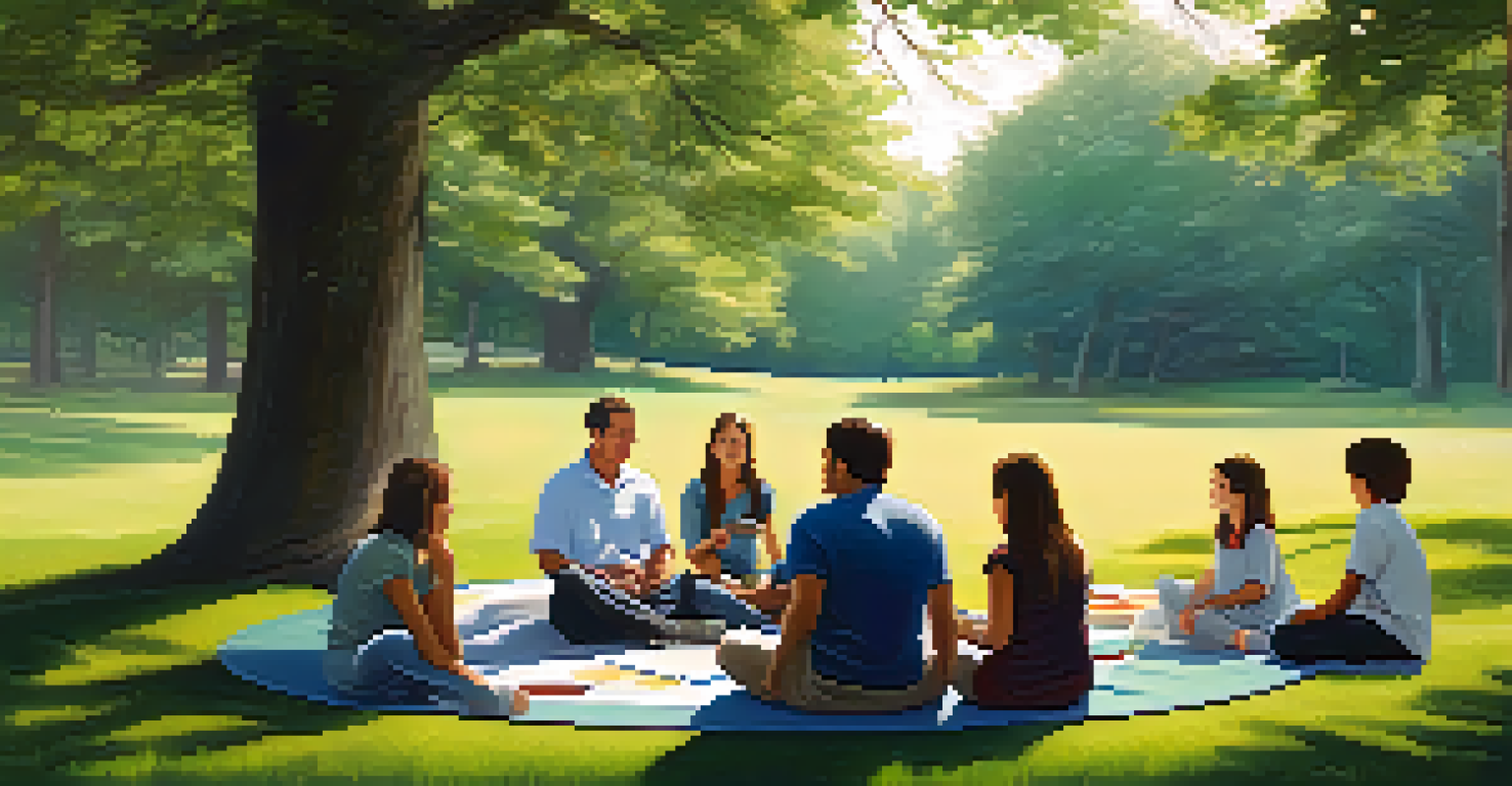 A family sitting in a circle on grass during a group therapy session, surrounded by trees, creating a calm and supportive environment.