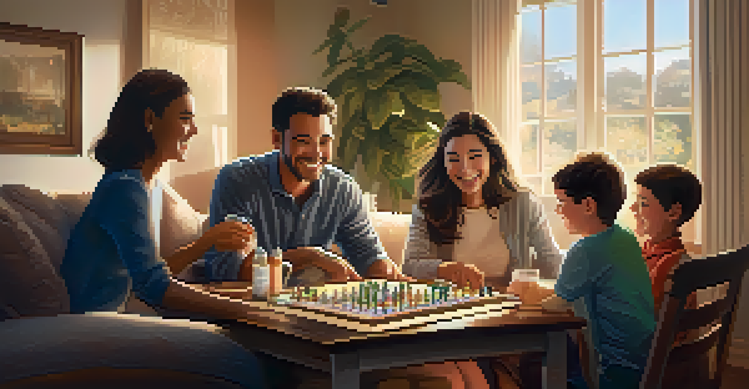 A warm living room with a family playing a board game together, filled with laughter and joy, surrounded by personal decorations.