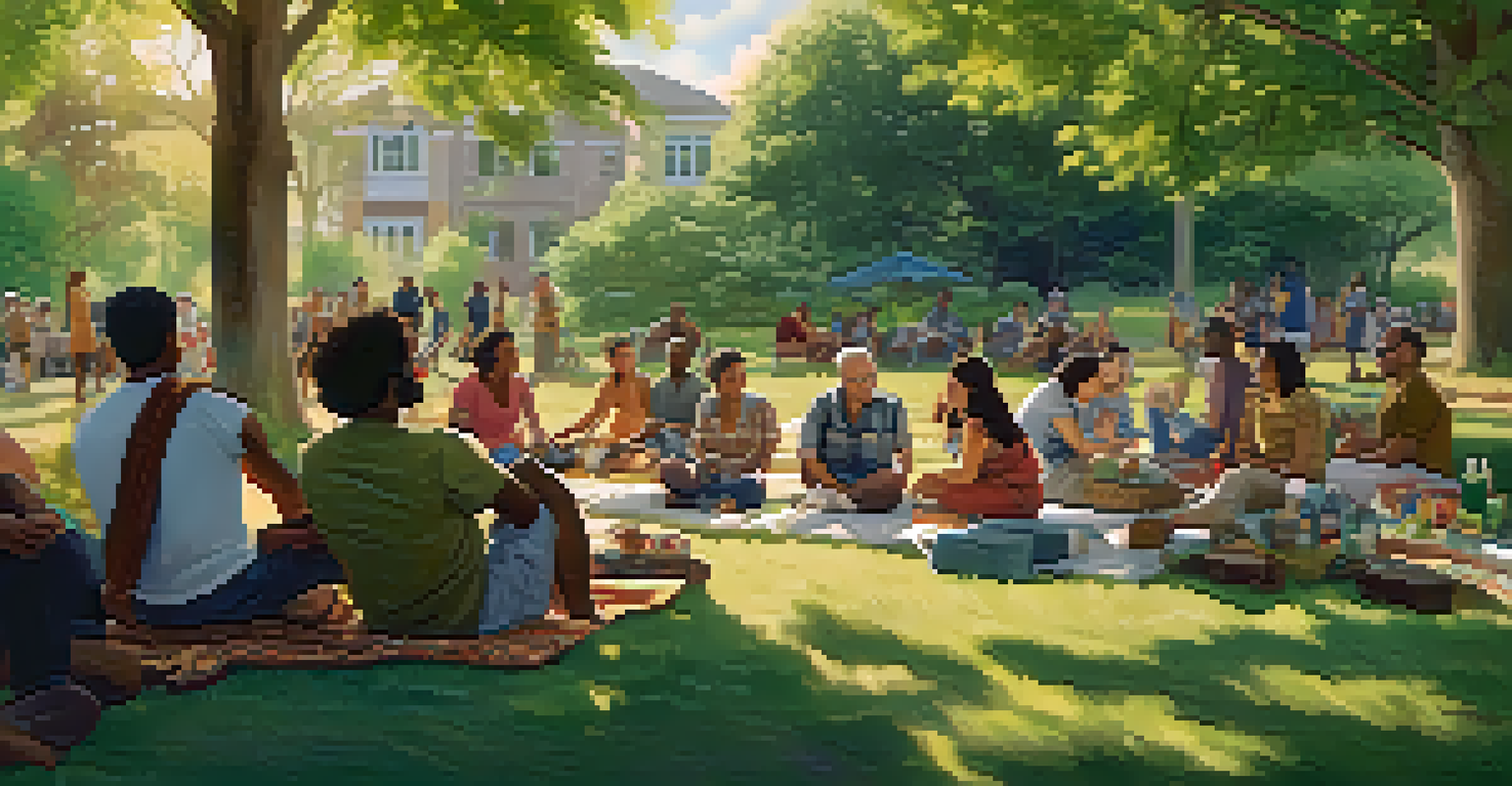 A diverse group of individuals sitting on picnic blankets in a park, engaged in a supportive discussion under sunlight filtering through trees.