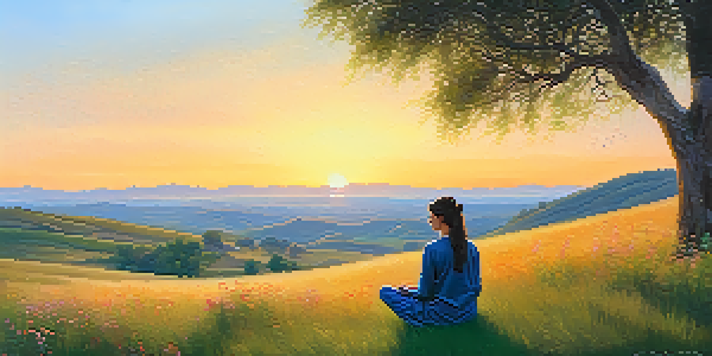 A person meditating on a grassy hill at sunrise, with wildflowers surrounding them and rolling hills in the background.