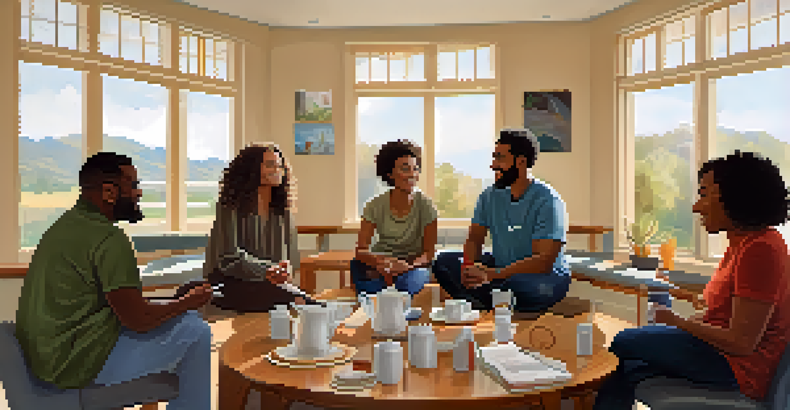 A support group session in a community center with diverse individuals sharing stories in a circle.