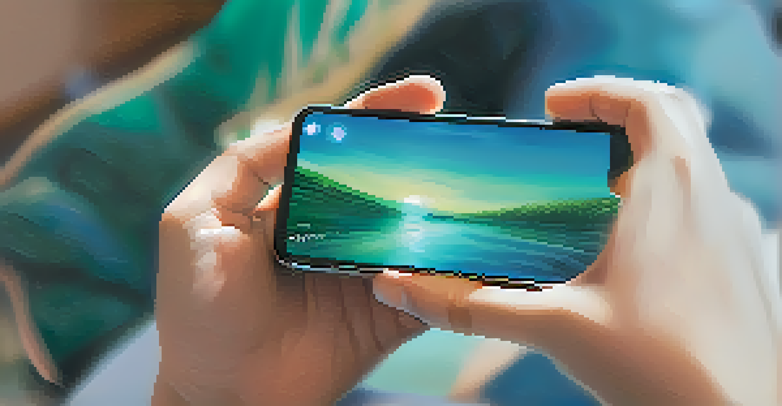 A hand holding a smartphone displaying a social media app, while the other hand is practicing mindfulness with a blurred calming background.