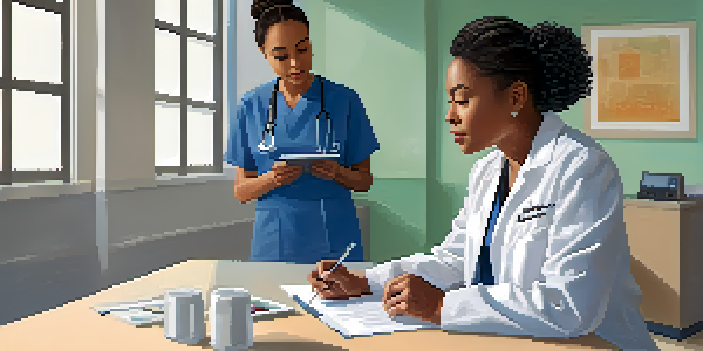 A healthcare professional in a clinic conducting a substance use screening with a young adult patient in a comfortable setting.